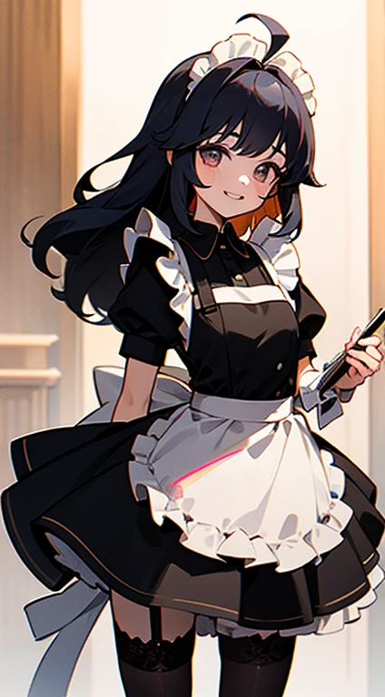 masterpiece, best quality, 1 solo girl, black hair, violet eyes, long hair, medium breasts, sexy body and face, wavy hair, sleeveless maid outfit, floral headdress, black thigh-high, maid skirt, night sky, cowboy shots, detailed body, face, and eyes, sharp focus, vibrant, creative, dynamic, high definition, high resolution, 8k, (Upscale: R-ESRGAN 4x+ Anime6mage enchance:4x), voluptuous body, lying at the bed, 