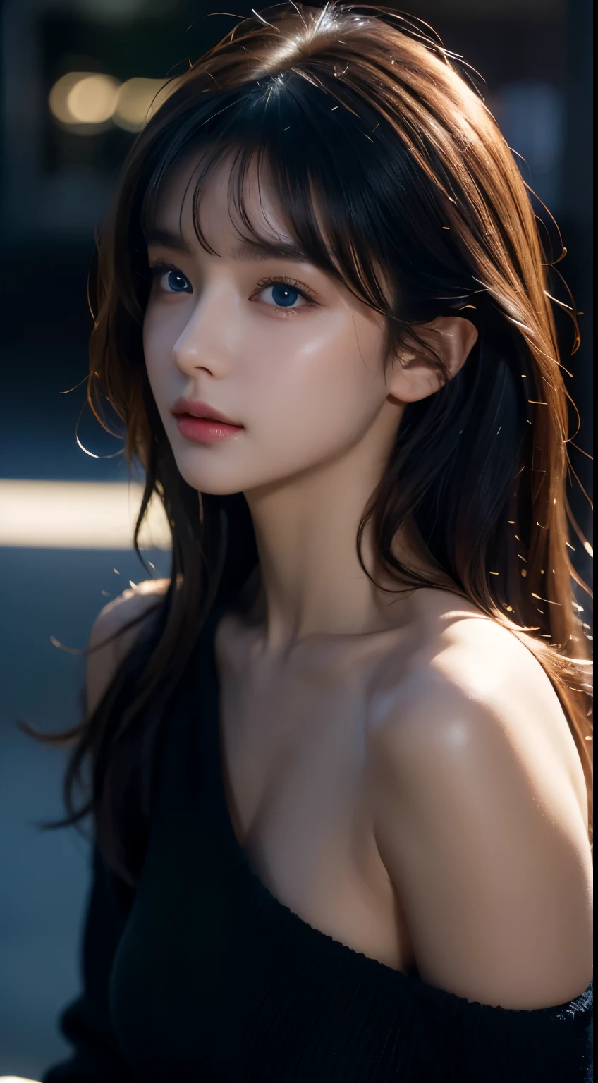 ultra high res, masterpiece, best quality, perfect glossy shiny skins, perfect lighting, detailed lighting, dramatic shadows, ray tracing, black sweater, looking at viewer, off shoulder, blue Eyes, sharp face, sharp eyes, long bangs, open mouse, ((Dark background))