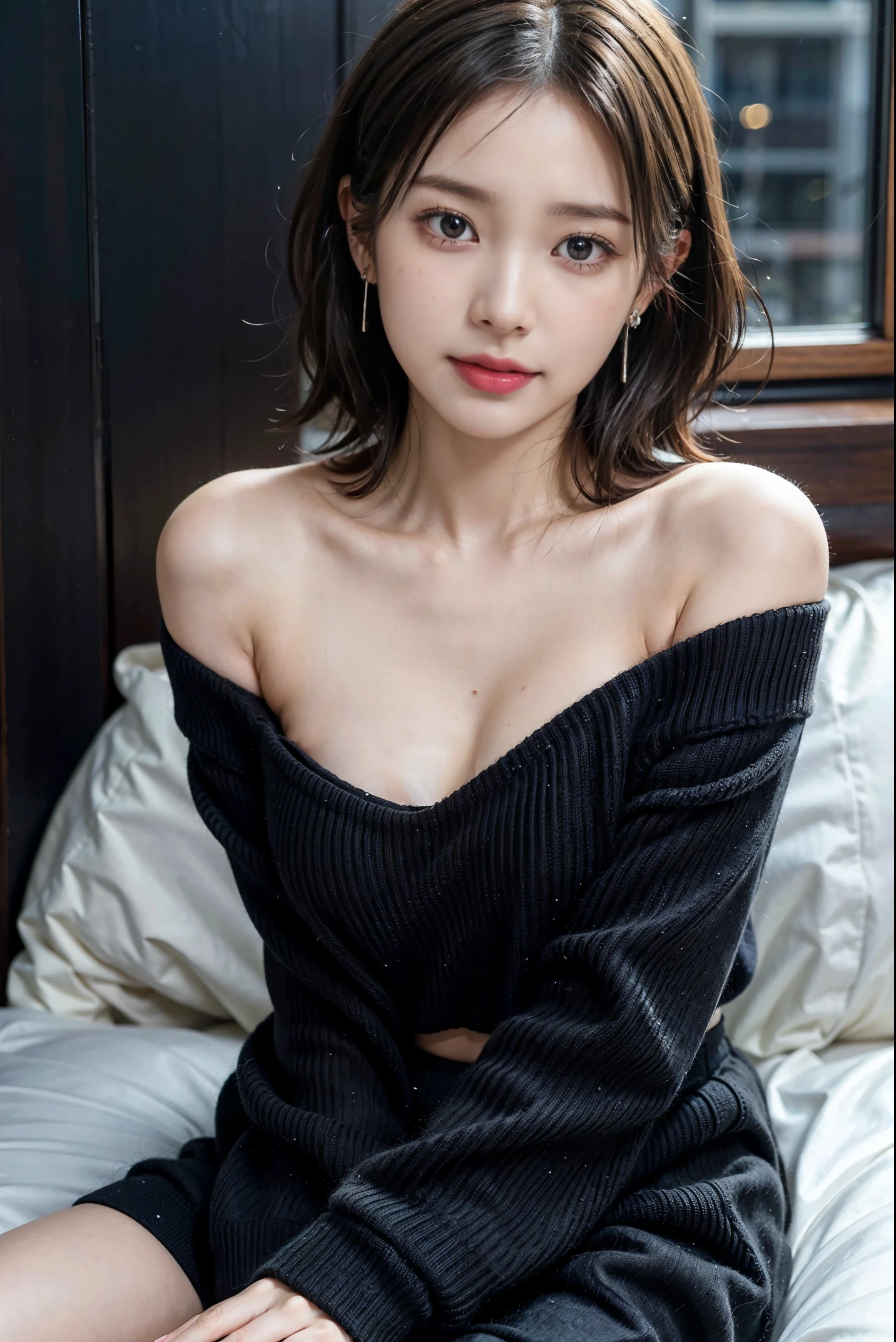 (short hair woman), (off-shoulder sweater, oversized sweater), (hiden short pants), (cross-legged sitting, hands lying on thighs), on bed, medium breasts, deep cleavage, best quality, masterpiece, illustration, very delicate and beautiful, very detailed skin, CG, Unity, 8K wallpapers, amazing, fine detail, highly detailed CG Unity 8K wallpapers, huge file size, high resolution, handsome detailed woman, very detailed eyes and face, Stunning detailed eyes, light on the face, (Best illustration: 1.1), (best shadow: 1.1), ultra high resolution, (photorealistic: 1.1), (photorealistic 1.2:1.1), realistic face proportions,slim,smile,(fluffy black eyes: 1.21), black eyes, looking at the viewer, dark brown hair, earrings, necklaces, hairpins, full body shots, (irregular skin imperfections,veins,moles,skin wrinkles,pores: 1.2), (dark night background: 1.2), (bokeh: 1.4),