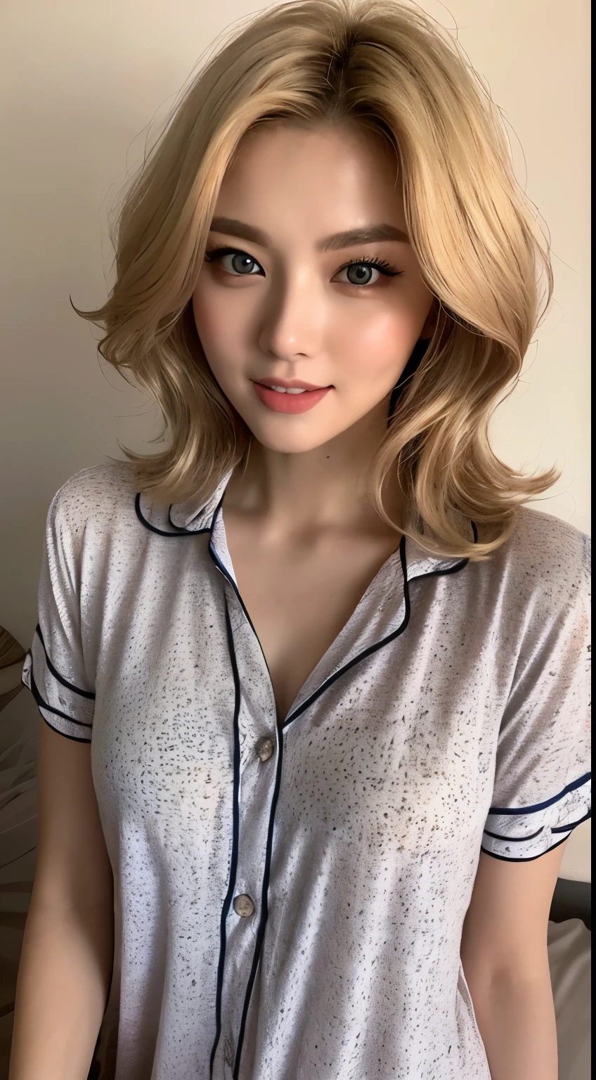 (Top Quality, 8k, 32k, Masterpiece, UHD: 1.ictures of Evropian Charming Women), One Girl, (Super Big: 1.3), (Short Blonde Wavy Hair), Abs, Perfect Body, Ultra Detailed Face, Detailed Lips, Fine Blue Eyes, Double Eyelids, Pajamas, On Bed, (Seductive), ((Excited: 1.5)), ((Areola Slip))