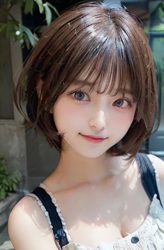 masutepiece, Best Quality, 8K, non nsfw, 15yo student, , Raw photo, absurderes, award winning portrait, (shyly smile:1.3), A charming smile, Solo, Night, neons, Idol face, Beautiful, extremely pretty, Cute, A Japanese Lady,female idol, round big eyes, small nostrils, Light makeup, large round eyes, Narrow waist, violaceaess, gardeniass, Delicate girl, Upper body, Digital SLR, Looking at Viewer, Candid, Sophisticated, zora々Right, Thin arms, Professional Lighting, Film grain, chromatic abberation, (Eyes and faces with detailed:1.0), (Bokeh:1.1)