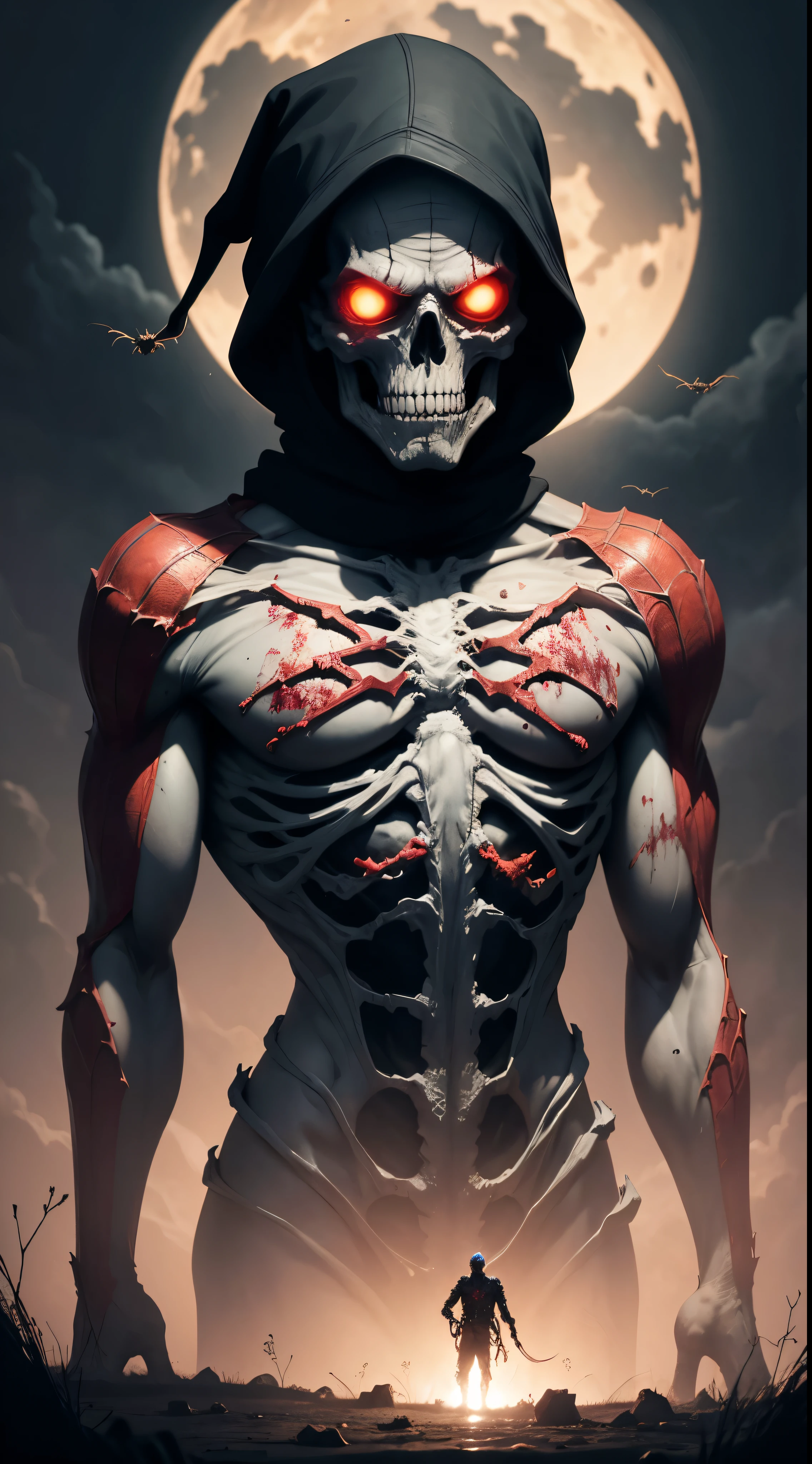 Stunning illustration, zombie Santa emerges from the darkness with a skeletal, decomposed figure, wrapped in his iconic red and white clothes, ahora desgastado y desgarrado. Their pale, decomposed skin shows visible bones in some areas, while muscles, mostly consumed, apenas sostienen su estructura. Sus ojos, una vez vivaces, now they are empty and opaque, surrounded by dark circles that accentuate their macabre nature.El traje, manchado de sangre seca y mugre, cuelga de su cuerpo en jirones, revelando hueso y carne muerta en varios puntos. Aunque su aspecto es espeluznante, Arachnid agility is still discernible in its hunched posture and in the remains of cobwebs clinging to its body..paisaje nocturno y siniestro, con una luna llena brillante pero distorsionada, rodeada de nubes ominosas y tormentosas. Faint rays of light filter through the clouds, bathing the zombie Spider-Man in spectral illumination.