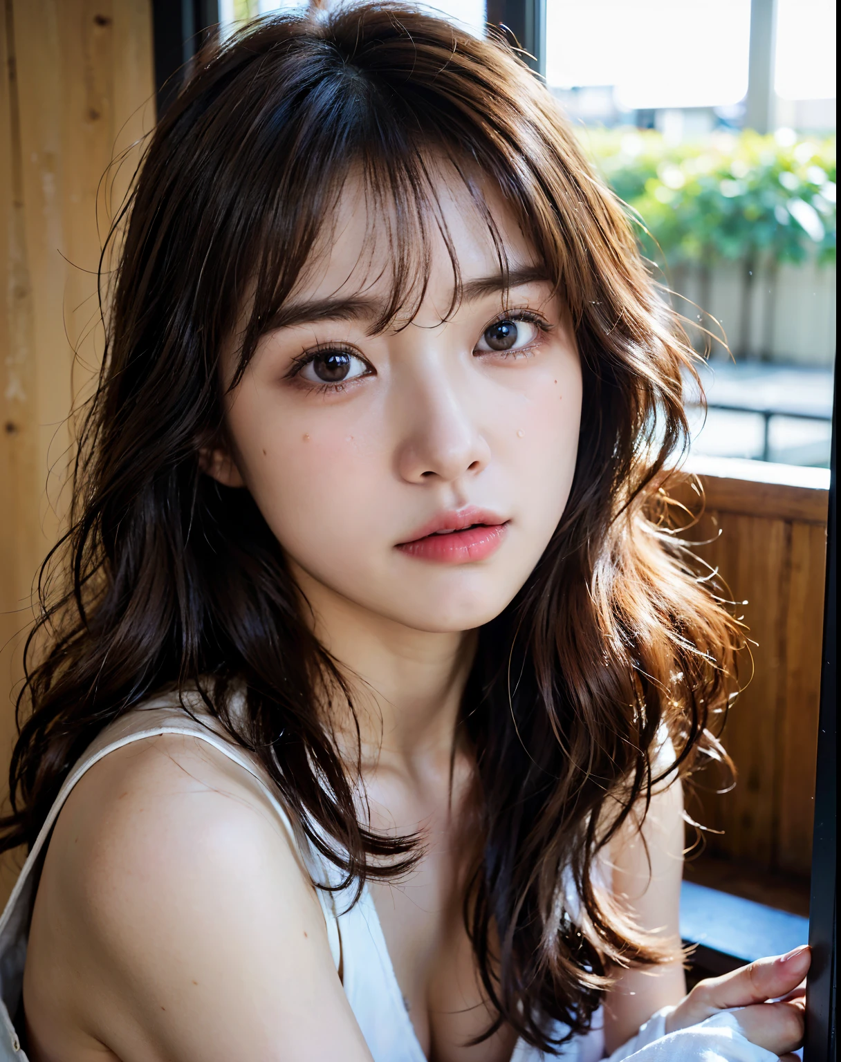 ((close-up:1.2)) Best Quality,masutepiece,超A high resolution,(Photorealistic:1.4),Raw photo,(Authentic skin texture:1.3),(Film grain:1.anorama,Face shot,Night,(()),Streaming Tears,,Dust,Tindall Effect,1girl in,beautiful detailed eyes and face,Brown eyes,gaze at the audience ((Brown hair:1.2)) ((Long hair)) ((half french and half japanese:1.3)) ((In my house:1.2))((Facing the camera:1.3))((FULL BODYSHOT:1.3))((head shot:1.3))((blush:1.3))