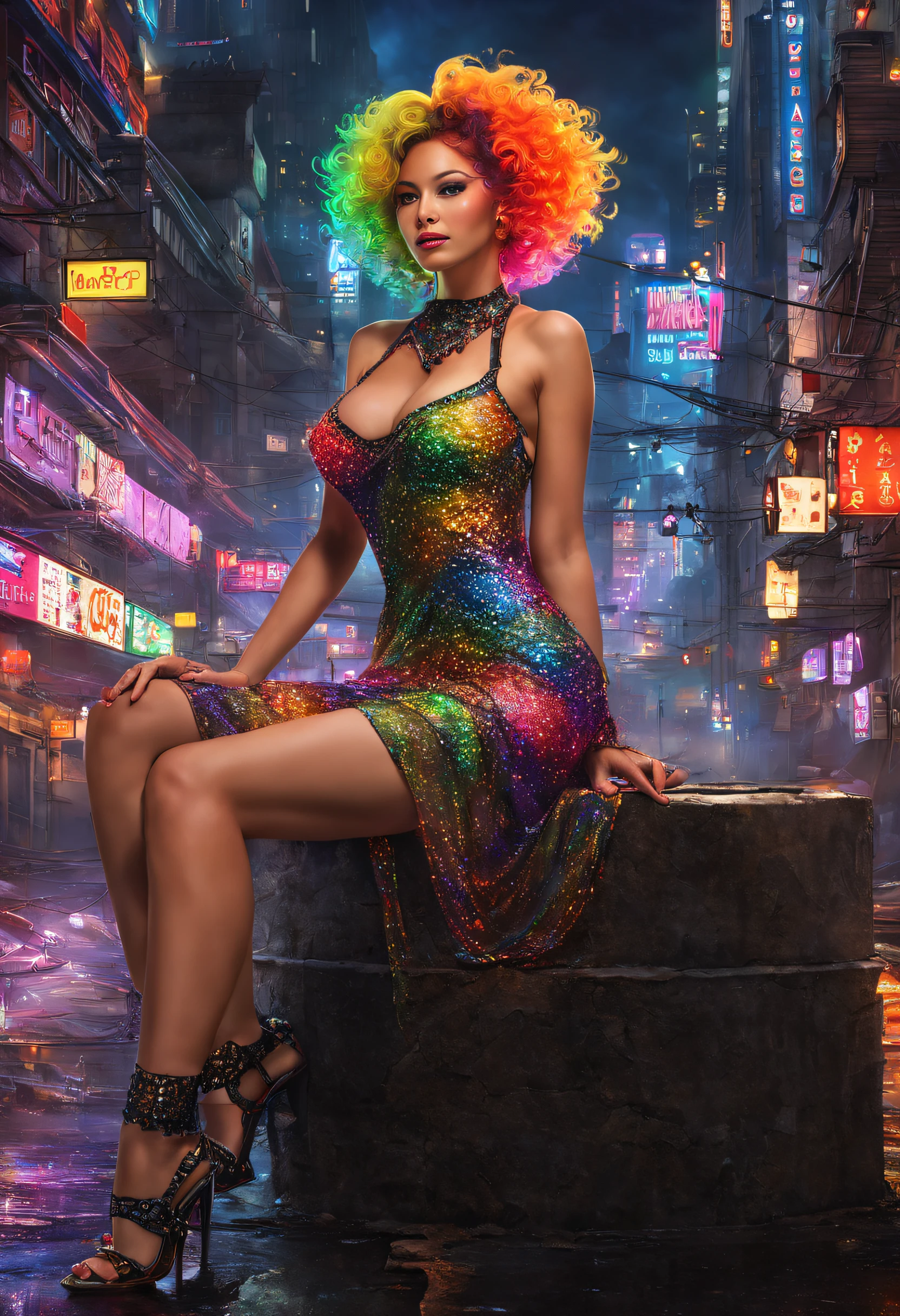 A hyper-detailed masterpiece, Photorealistic, intricate details, (Cute:1.3) Busty 18 year old young prostitute with freckles, color explosion rainbow bouffant [heavy:Curly] Hair, slutty makeup, (Glowing Neon Rainbow Lace Sheer Whore Dress:1.3) paired with (Stockings:1.2) and pumps, sitting on a rusty beam, (Disgusting:1.3) gateways of the slums of a fantastic future (Cyberpunk City Night:1.3), (city smog), full body view