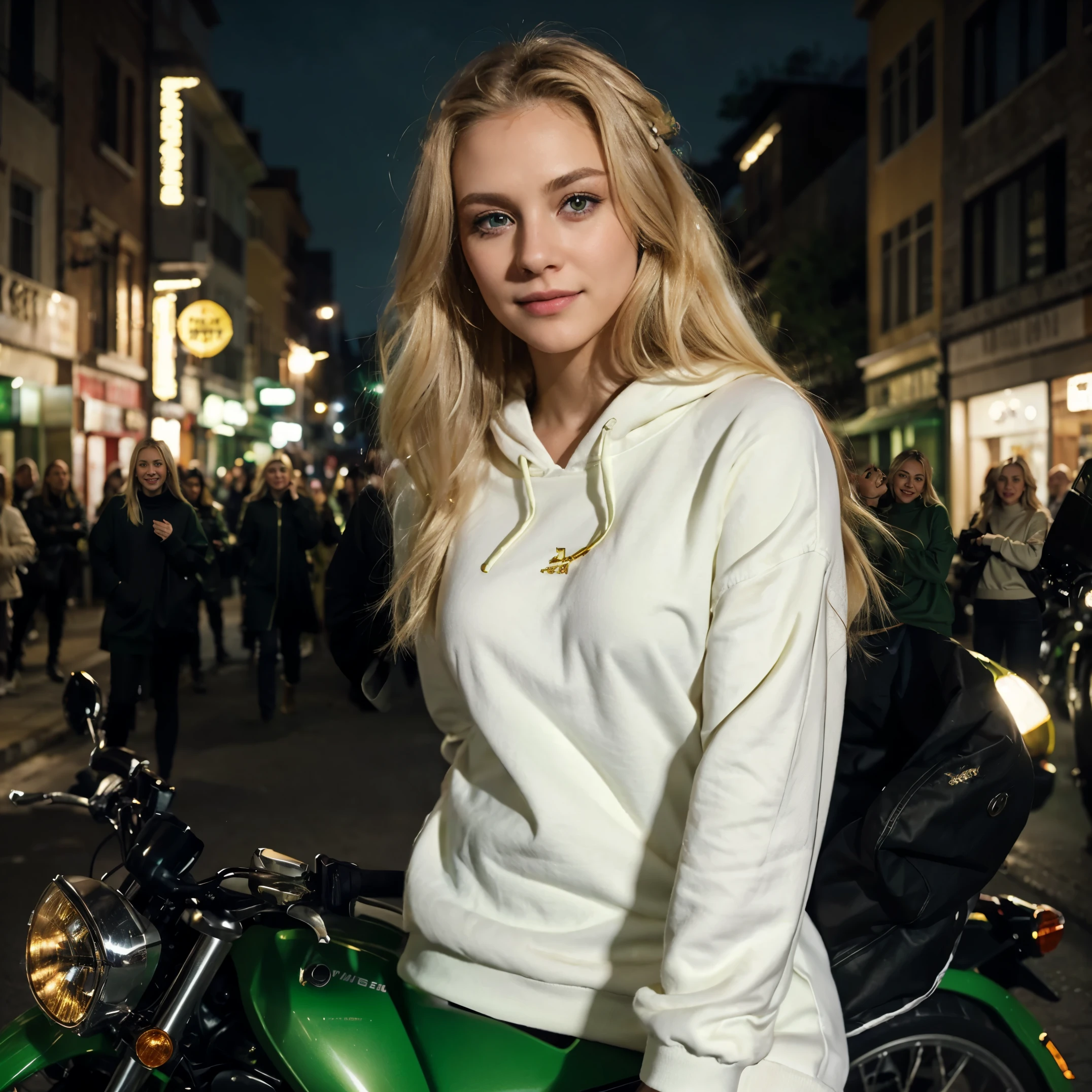Blonde hair and green eyes should be detailed and high quality. Let it be dynamic frame and joyful expression. Bright green eyes. Let his dress be a white sweatshirt and a black coat. Let him pose on the motorcycle. Let her wear gold jewellery. Let it be a photo taken at night.