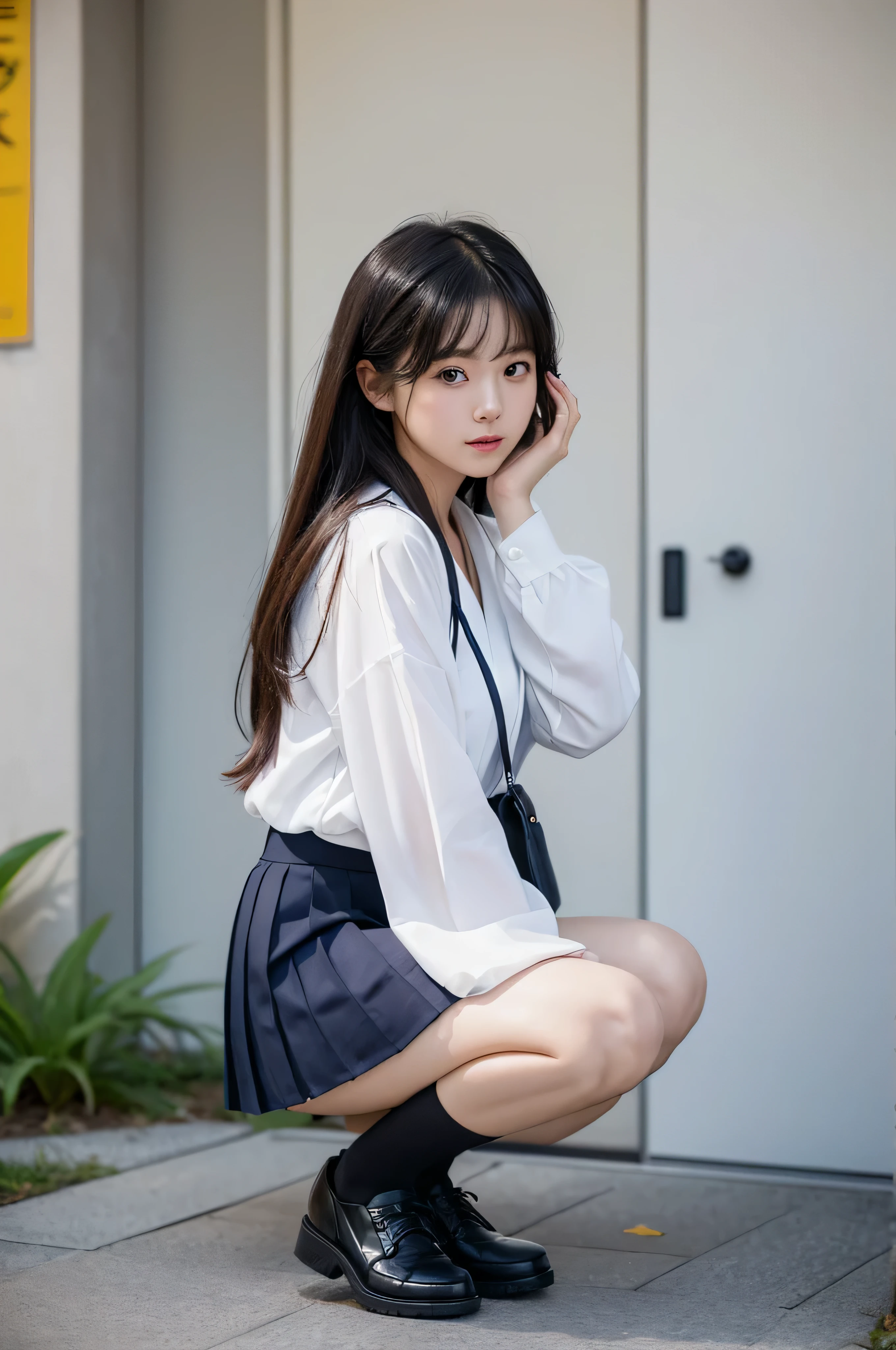 took a full body photo of a Japanese girl wearing a school uniform, Squatting in the downtown area at night、She was in a sexy pose with a lascivious face, she must have thic and sexy areolas, A dark-haired, Twin-tailed、Huge chest about to burst、Please make her look like a typical Japanese school girl in a white blouse, Make sure your photos look authentic、Raise the hem of the skirt with both hands,Flipping up a skirt,Japan schoolgirl in uniform、Short seat height、The upper body is not long、Black leather shoes、a necklace、Phenomenally cute、14years、((You can see fancy panties))、(Squatting panty shots),Navy blue micro mini pleated skirt,See-through wet white shirt and flashy bra,((top-quality,8K,masterpiece:1.3)),Crisp focus:1.2,Cute woman with perfect body shape:1.4,Highly detailed facial and skin texture,A detailed eye,二重まぶた,mekosji,((full body Esbian,Open legs:1.5,)),(japanaese girl),(Do not hide the lower body:1.6),Bokeh background、Nogizaka Idol 、Idol、hposing Gravure Idol、The exact number of fingers on the hand、