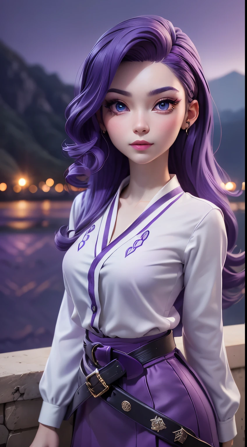 (mlprarity:1.2), (colored skin, white skin:1.5), (purple hair:1.5), (blue eyes, side parted hair, long hair, curly hair:1.2), (white blouse, purple skirt, purple belt:1.5), diamond theme, city girl, city, (realistic:1.2), (masterpiece:1.2), (full-body-shot:1.2),(Cowboy-shot:1.2), neon lighting, dark romantic lighting, (highly detailed:1.2),(detailed face:1.2), (gradients), colorful, detailed eyes, (detailed landscape:1.2), (natural lighting:1.2),(detailed background), detailed landscape, (glamour pose:1.2), solo,