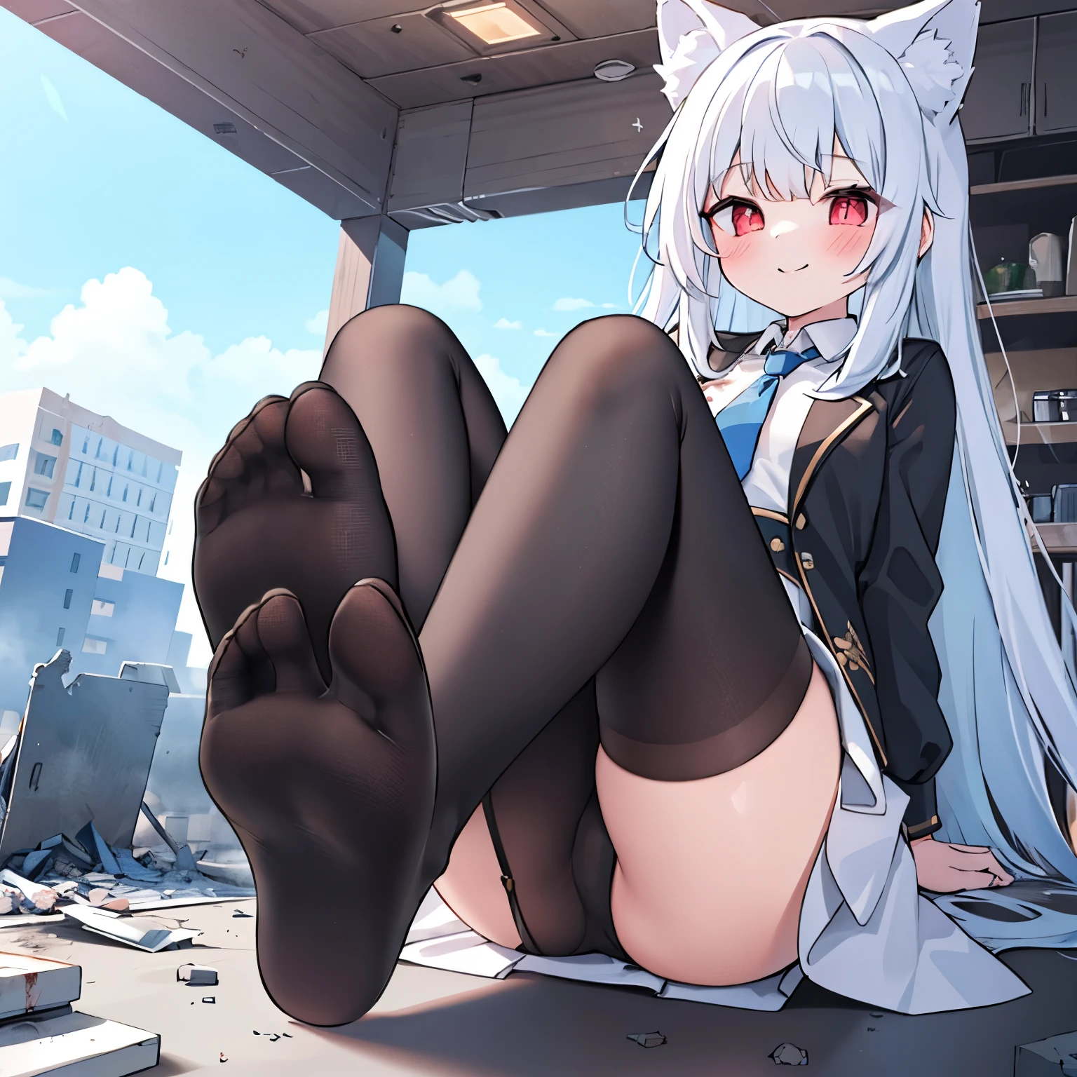 Girl, , full bodyesbian, Bigger than the building,No shoelack stockinglack jacket with white shirt ，Blue tie，white hair，Wolf ears，Light red eyes，A cold expression， Destroyed buildings, Sit on a destroyed building，The one who was trampled to death，blood on ground，GTSCity, As a giantess, Bright pupils, Smile, Naughty face, 16k, High quality, High details, Anatomically correct, Textured skin，The feet emit steam，feet up,