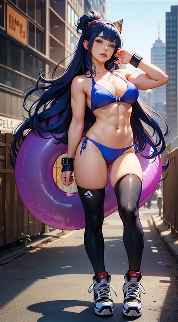 Fitness goddess, stocking_anarchy, stocking_\(psg\), extra long and thick hair, wearing red white and blue star bangled bandana on head, two-dimensional anime, living inflatable, inflated breasts, full of muscles, sexy, big breasts, strong muscles, strong, handsome, sexy, full body photos, exaggerated big breasts, goddess, full of muscles, seductive figure, cold, wearing knee high socks, and platform sneakers, upper body decorative red and blue two piece bikini, muscles bursting, full of strength, , outdoor roof background out in cyberpunk landscape --auto --s2