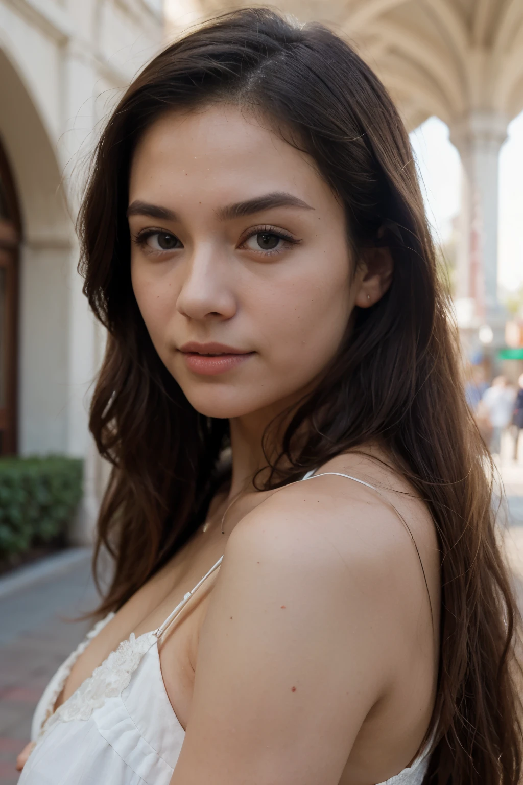 (best quality,4k,8k,highres,masterpiece:1.2),ultra-detailed,(realistic,photorealistic,photo-realistic:1.37),beautiful woman,big city,on the street,brown hair,restorant,table,portraits,detailed eyes,long eyelashes,feminine figure,ethereal beauty,natural lighting,vibrant colors,magical atmosphere,serene expression,harmonious composition,gentle breeze,mystical aura,tranquil setting,radiant sunlight,soft shadows,faint mist,dreamlike quality,peaceful ambiance,subtle golden hues,evocative,empowering,enchanted realm,Nymph-like appearance,graceful pose,flowing hair,whimsical elements,fantasy world,sublime artistry,captivating,alluring presence,immersive landscape,mesmerizing charm,hazy atmosphere,ethereal magic.