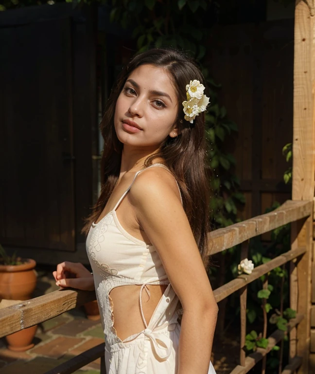 photograph of a beautiful pakistani woman in her garden. The woman should have a flawless, highly detailed face with soft, luminous skin. Her long hair should be naturally brown and stylishly arranged. (Perfect Eyes:1.2), double eyelids, photo-realistic:1.5), modest outfit, unique style, expressive eyes, vibrant smile, look at camera, Good shadows, graceful pose, full body, blurry