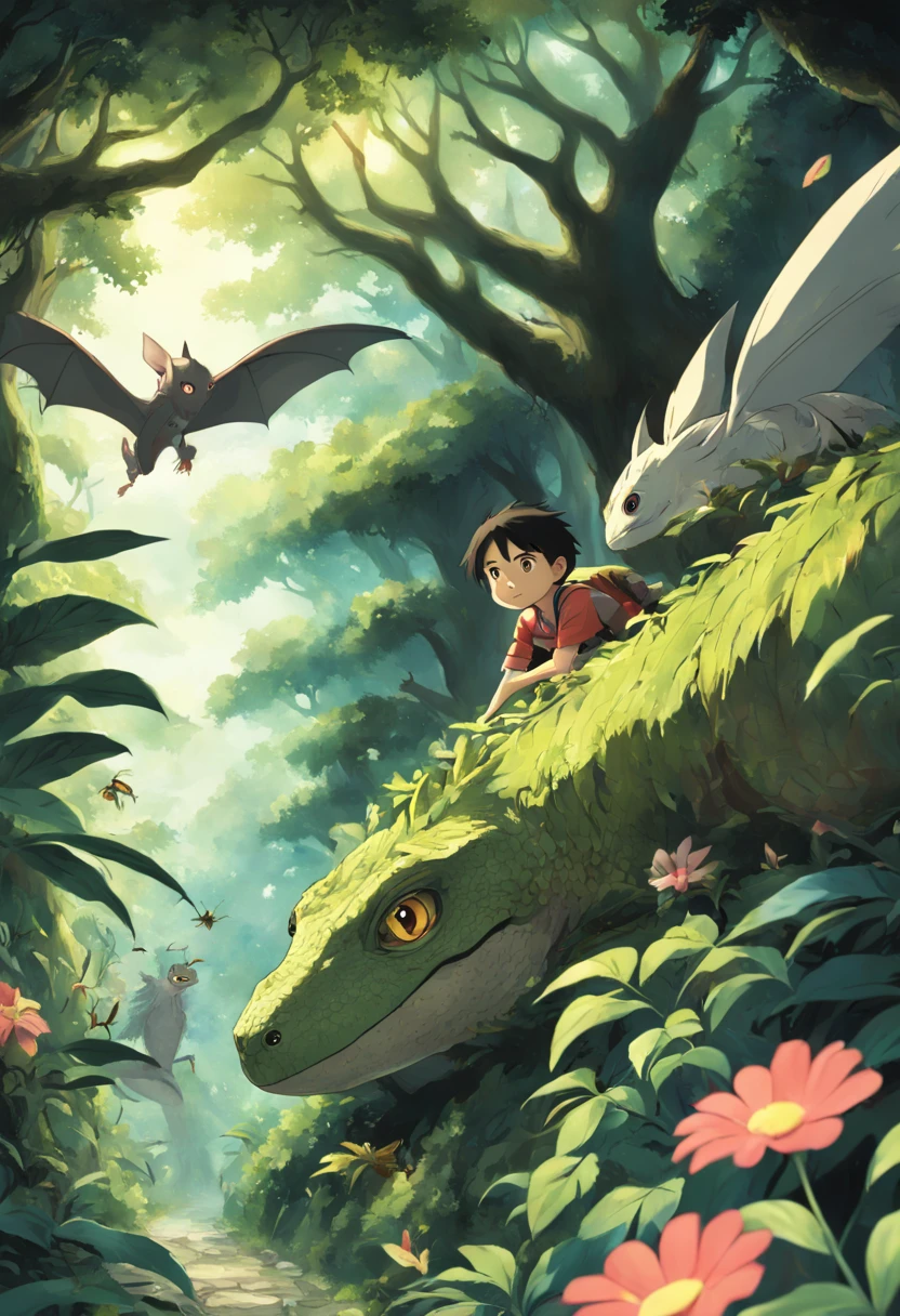 ront view shot ,8k, hi res ,image , studio Ghibli style ,manga ,anime , spectacular, masterpiece scene , a young boy hiding behind a tree from lizard in his path ,inside a jungle ,falcon ,bats ,insects, big flowers , firefly's.