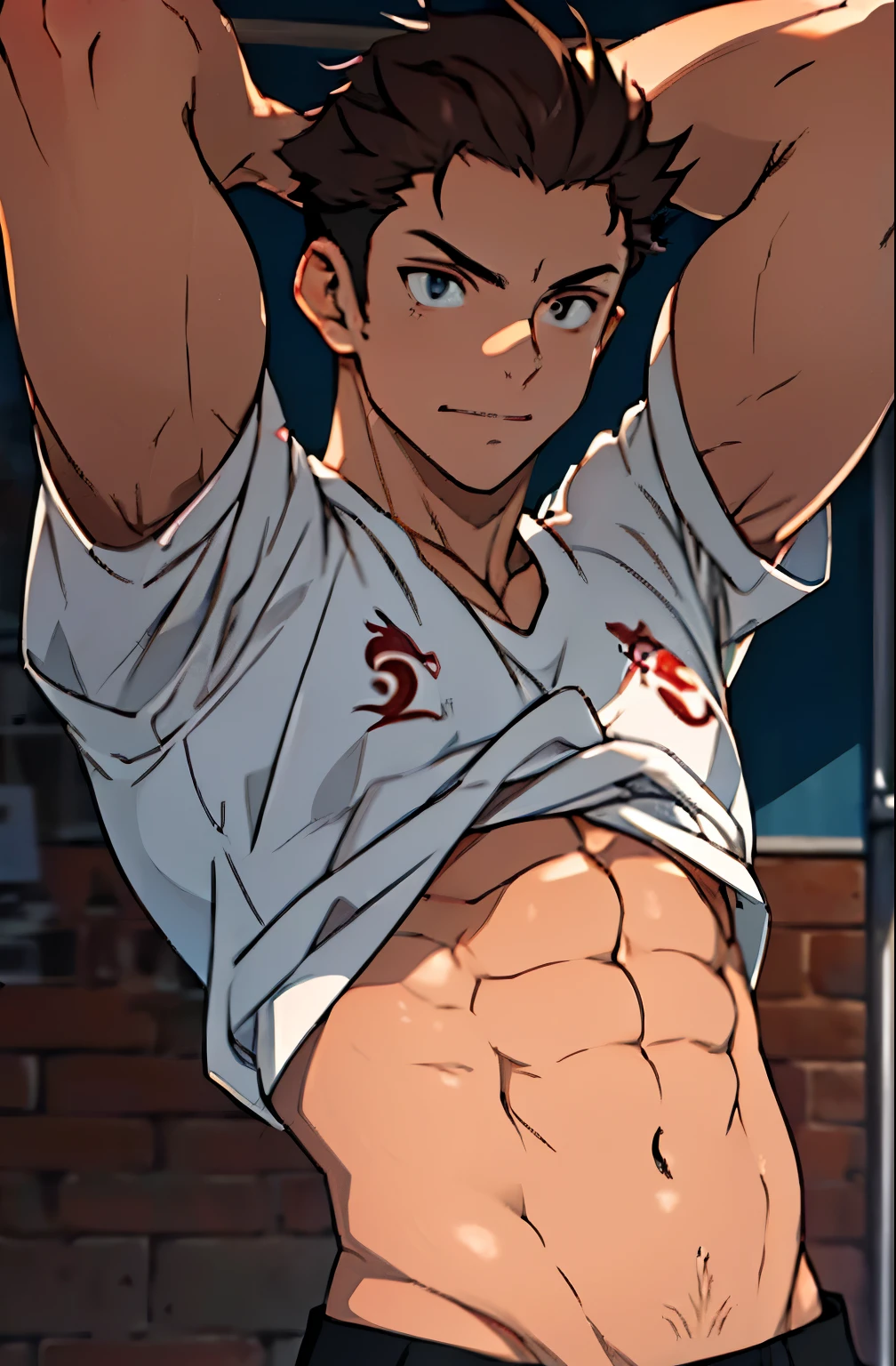 A mais alta qualidade, 8K, image high resolution, Detailed strokes, stretching out in a gym , suado, adolecente, lion men, wearing a tank top , masculo, chest a little tight in the shirt , (angulo de baixo), (perto da cameitorais definidos, defined arms, abdomen definido, perna definida, com a camisa,