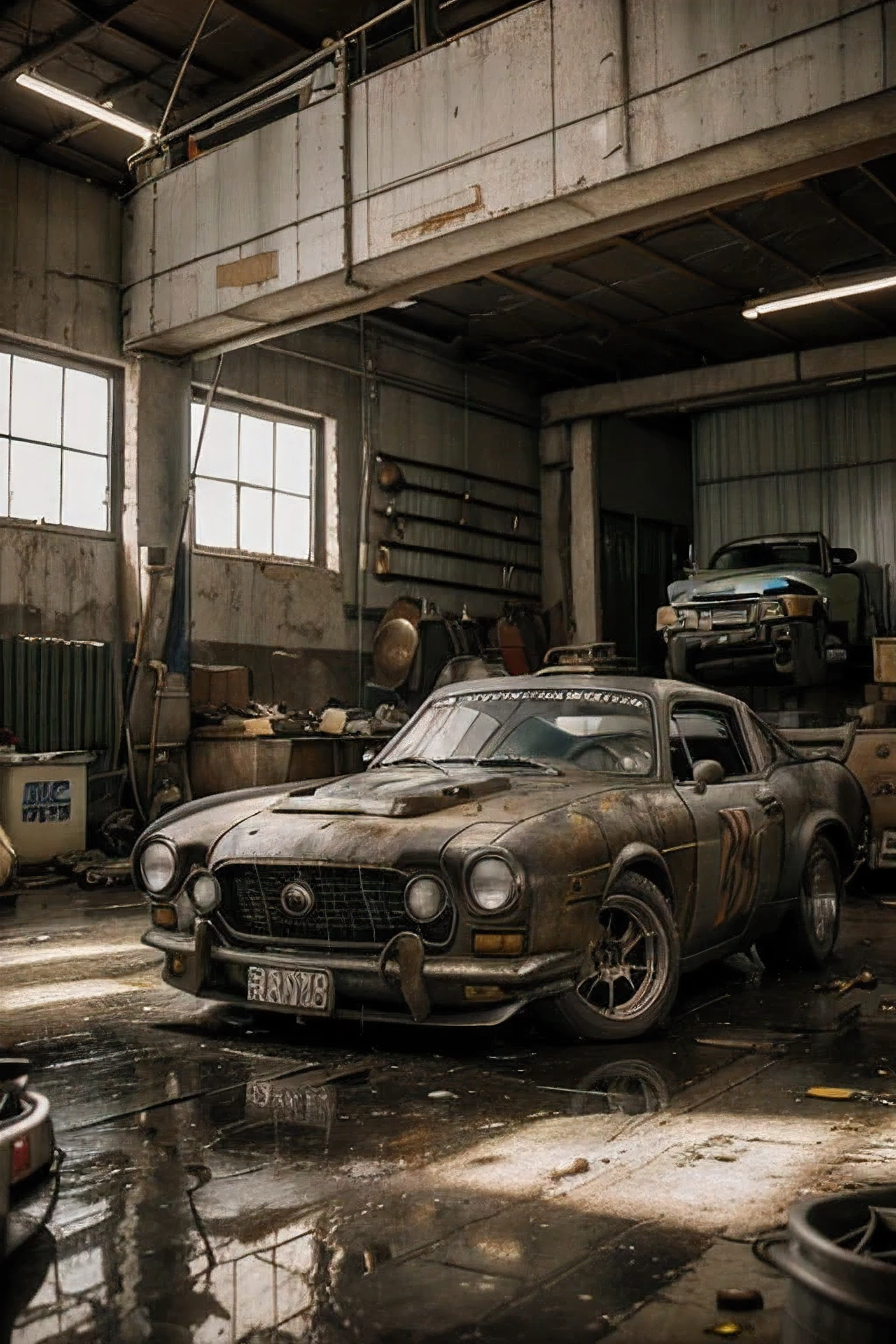 Oficina de carros de corrida antigos, middle aged mechanic, wearing overalls, com chave inglesa, leaning over the open hood fixing the car, black oil pouring and heading towards it, box of tools scattered on the floor disassembled cars, parts engine parts thrown on the floor. Disney Pixar 8K, Film style.__16:9__