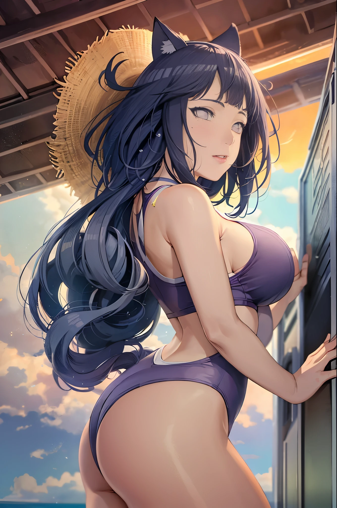 Top quality, masterpiece, from_below, look_at_viewer, look_down, masterpiece, highly detailed 8k CG unit, movie lighting, Miao Qingqing, 1 girl, swimsuit, solo, slot machine, chest, sun, sky, cleavage, clouds, single blade, dark blue hair, casual one-piece swimsuit, white one-piece swimsuit, big, hair over the shoulder, cowboy shot, from below, from the front, looking at the viewer, Chamale, jumping, dynamic poses, turning to the viewer, huge breasts, huge buttocks, curvaceous, thick thighs, hair camel toe, blush, sweat drops, standing, hands covering the chest, beach, sea, sunlight,