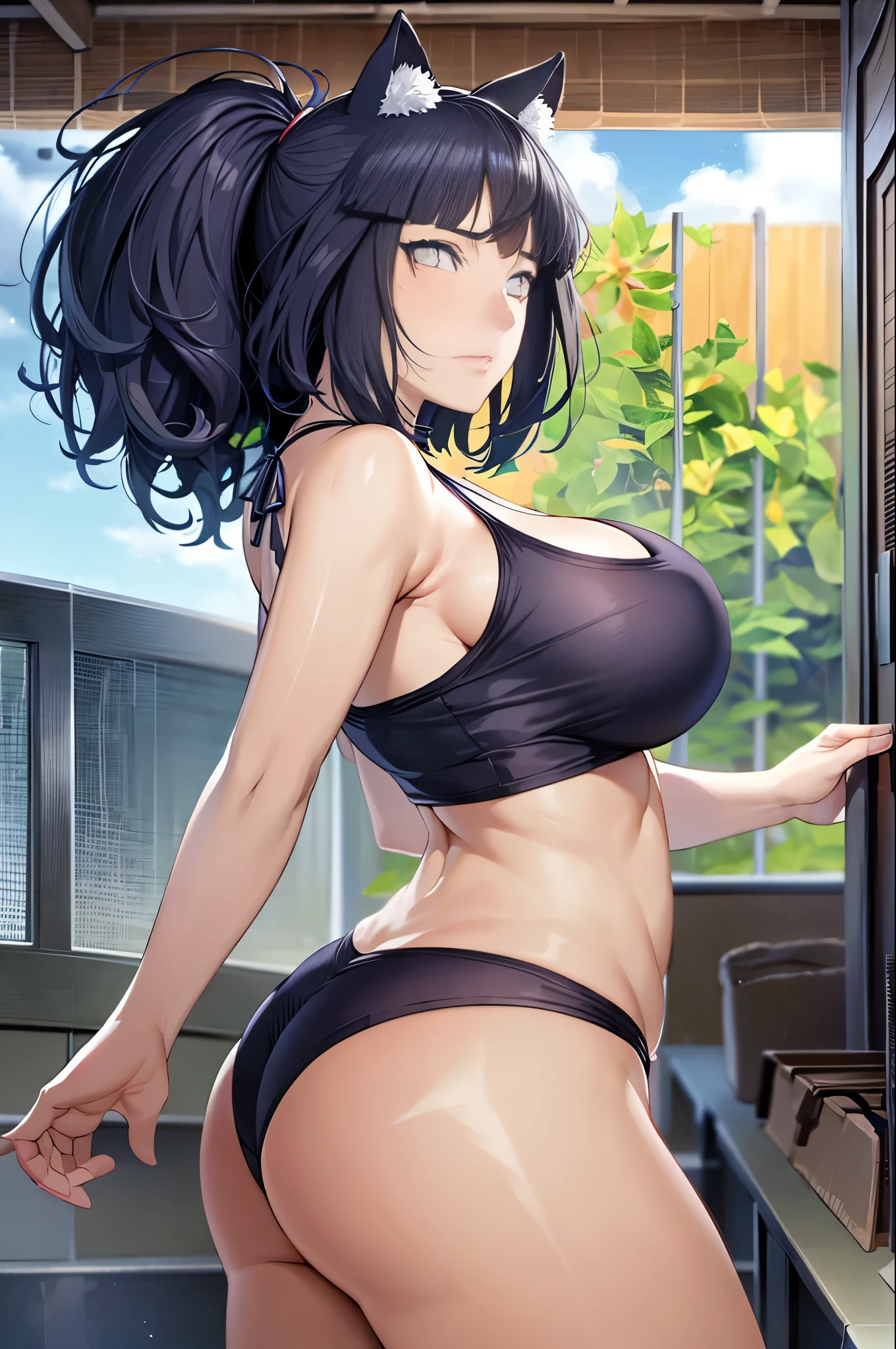 Top quality, masterpiece, from_below, look_at_viewer, look_down, masterpiece, highly detailed 8k CG unit, movie lighting, Miao Qingqing, 1 girl, swimsuit, solo, slot machine, chest, sun, sky, cleavage, clouds, single blade, dark blue hair, casual one-piece swimsuit, white one-piece swimsuit, big, hair over the shoulder, cowboy shot, from below, from the front, looking at the viewer, Chamale, jumping, dynamic poses, turning to the viewer, huge breasts, huge buttocks, curvaceous, thick thighs, hair camel toe, blush, sweat drops, standing, hands covering the chest, beach, sea, sunlight,