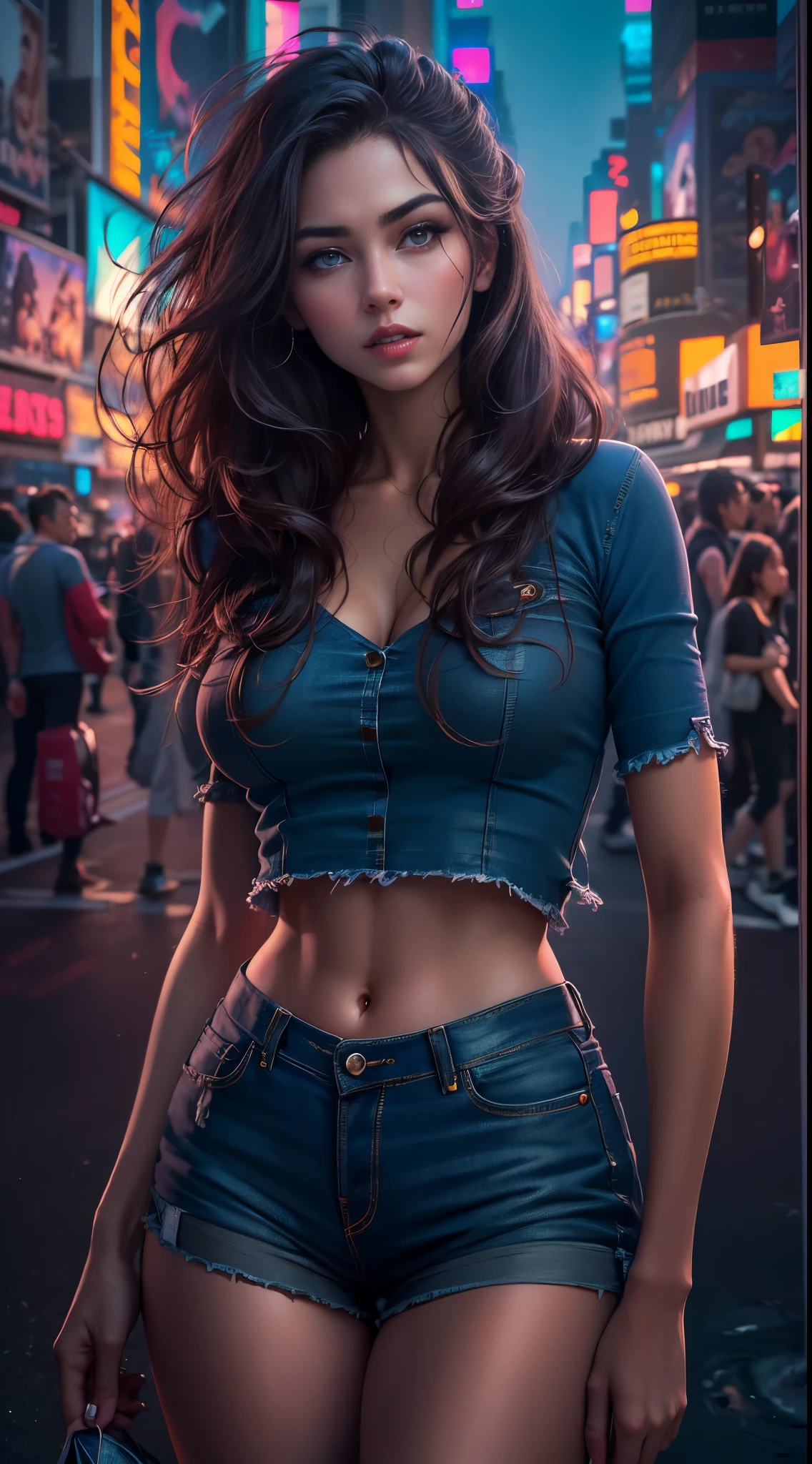 ((8k, HDR, Full body, entire figure, Beautiful European girl 25 years old, round face, closeup, slim body, intense blue electric eyes, detailed eyes, black hair, very long hair, Perfect proportions, gigantic breast, dynamic pose, look at the camera)), ((Masterpiece, highest best quality, realistic photos, ultra-detailed, ultra-intricated)), (movie lighting, complex), Create an enchanting artwork featuring a stunning girl with long, wavy brown hair and intense blue eyes in the vibrant setting of Times Square. The scene is set at night, with the backdrop illuminated by neon lights and billboards. The girl is dressed in a cropped T-shirt and a pair of open, unlaced denim shorts. Her footwear consists of open boots dr martins, and she stands with a captivating gaze, her mouth slightly ajar. Capture the essence of the bustling city night with the dazzling lights reflecting in her eyes. Emphasize the details of her beautiful legs and the atmosphere surrounding her. The girl's pose and expression should convey a sense of allure and confidence as she engages the observer amidst the lively energy of Times Square.