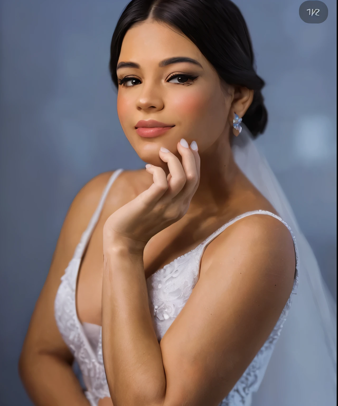 girl with discreet smile looking to the side with perfect hands gently touching her face and white dress