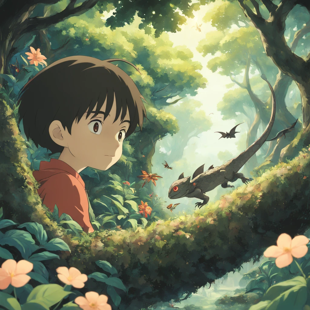 front view shot ,8k, hi res ,image , studio Ghibli style ,manga ,anime , spectacular, masterpiece scene , a young boy hiding behind a tree from lizard in his path ,inside a jungle ,falcon ,bats ,insects, big flowers , firefly's.