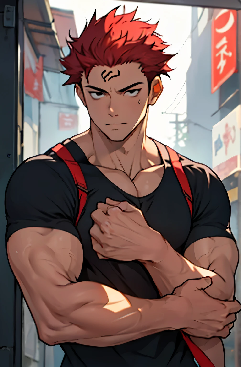 A mais alta qualidade, 8K, image high resolution, Detailed strokes, apoiado na academia , suado, adolecente, Yuji Itadori, Red Hair , wearing a tank top , masculo, chest a little tight in the shirt , (angulo de baixo), (perto da cameitorais definidos, defined arms, abdomen definido, perna definida, com a camisa,