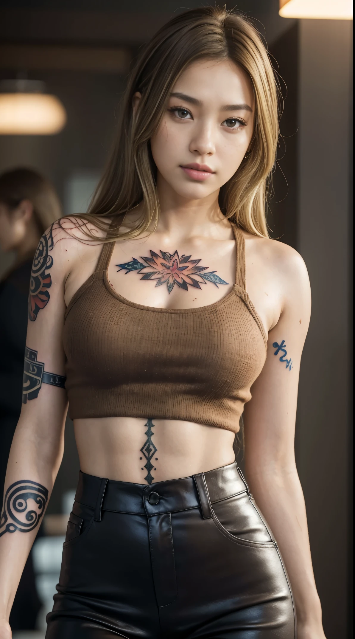 50 years old, gorgeous cute Turkish girl, smirk, freckles, polaroid photo, (brown_skin:1.7), (medium blonde hair:1.6), arafed woman in a grey top and black pants posing for a picture, jia, y 2 k cybercore, roseanne park of blackpink, jisoo from blackpink, y2k style, y 2 k style, sha xi, y2k, y 2 k, leather top, park shin hye as a super villain, sun yunjoo, jisoo of blackpink, badass look, famous beautiful model, good young girl, (masterpiece:1.0),(best_quality:1.0), ultra high res,4K,ultra-detailed, photography, 8K, HDR, highres, absurdres:1.2, Kodak portra 400, blurry background, bokeh, lens flare, (vibrant_color:1.2),professional photograph, (the_tattoo:1.4), (beautiful_face:1.5),(narrow_waist). --v 6