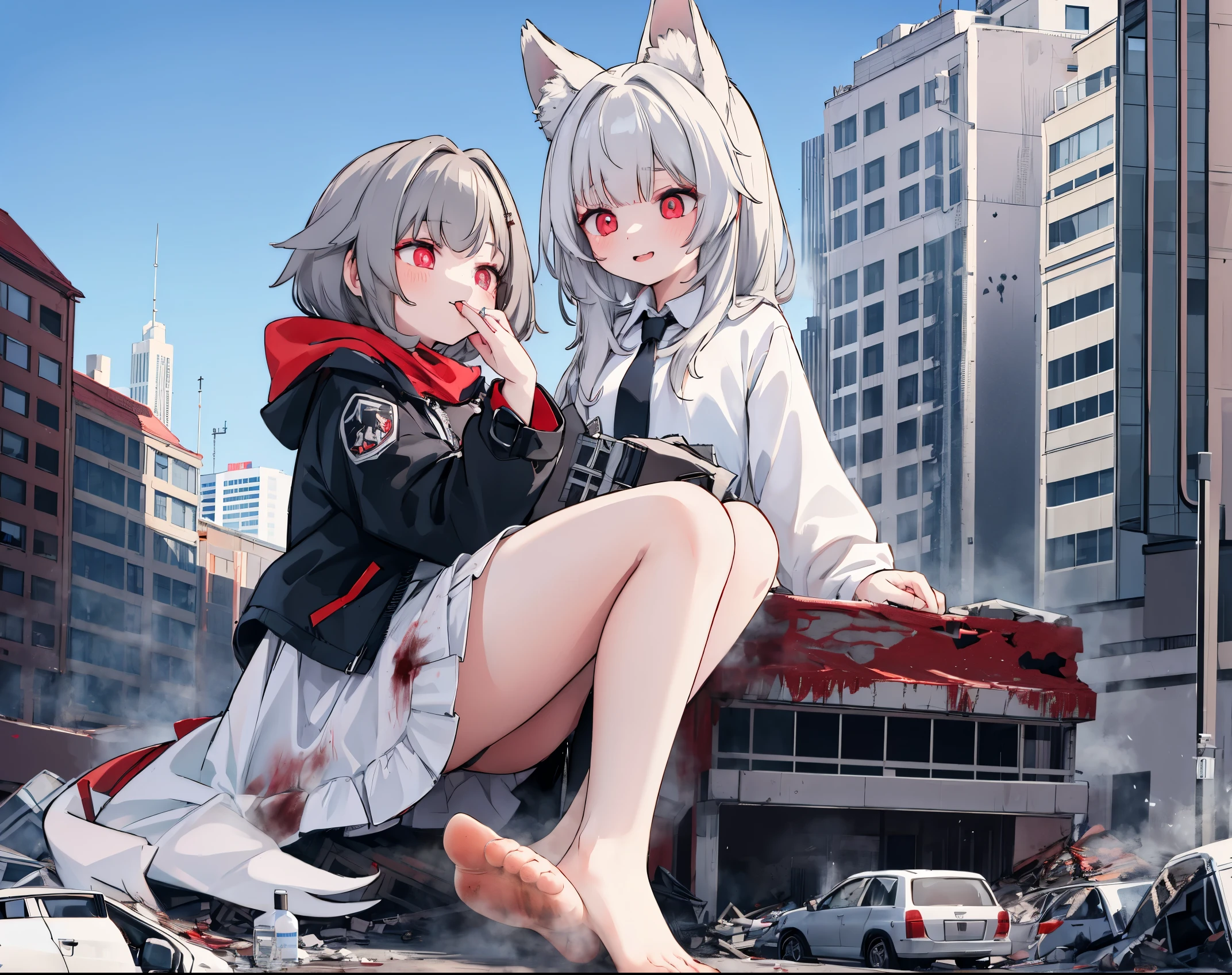 1girll, 16 yaers old, full bodyesbian, Bigger than the building,No shoelack stockinglack jacket with white shirt ,Blue tie,Dark gray hair,Wolf ears,Light red eyes,A cold expression, Destroyed buildings, Sit on a destroyed building,The one who was trampled to death,blood on ground,GTSCity, As a giantess, Bright pupils, Smile, Naughty face, 16k, High quality, High details, Anatomically correct, Textured skin,The feet emit steam,feet up, blood stain under feet, feet soles