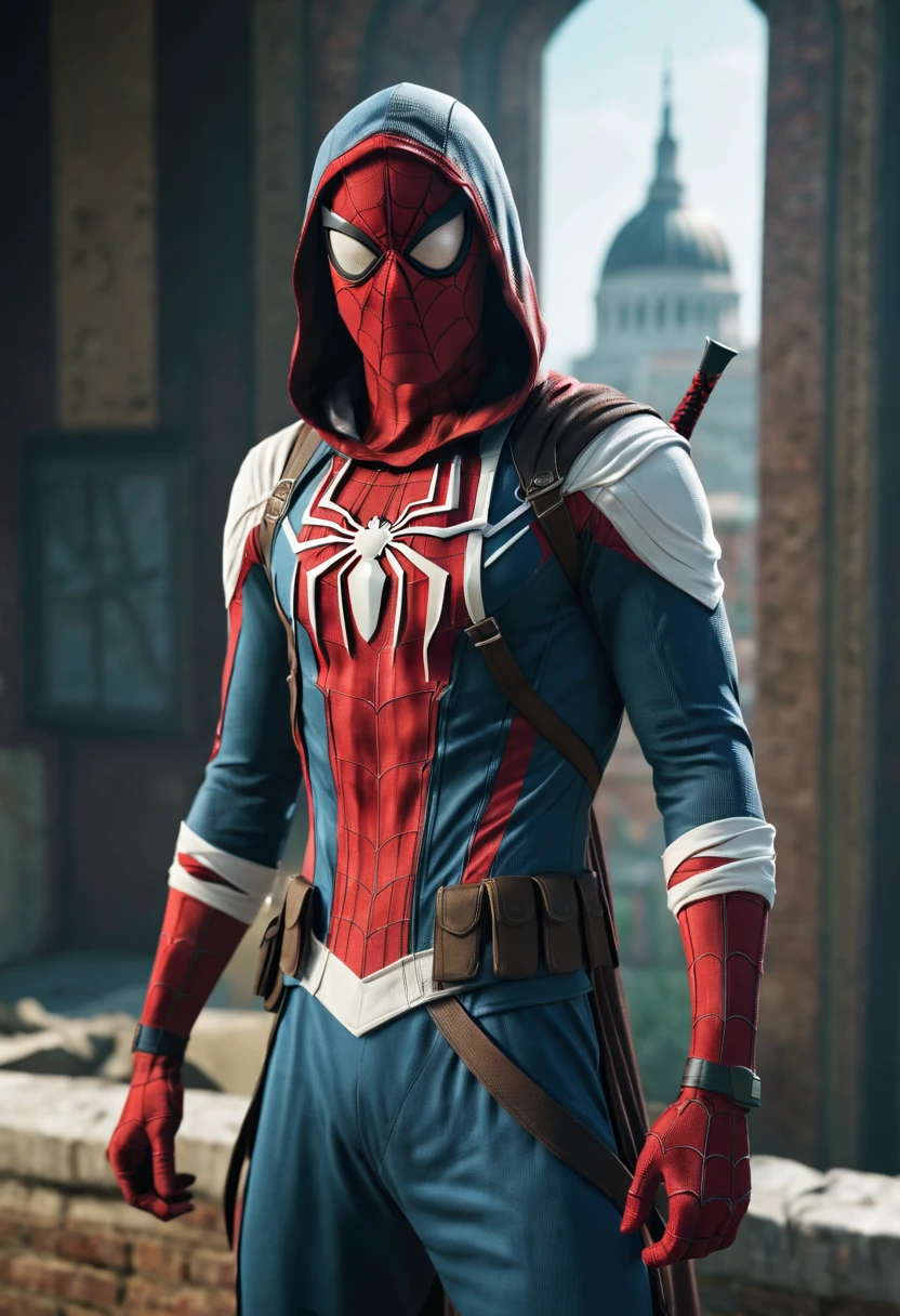 spider-man wearing an assassin's creed suit.