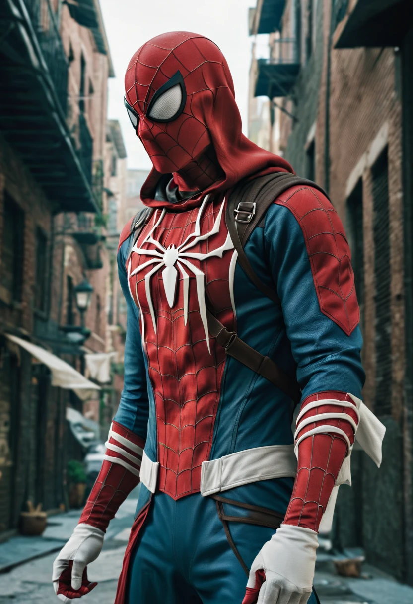 spider-man wearing an assassin's creed suit.
