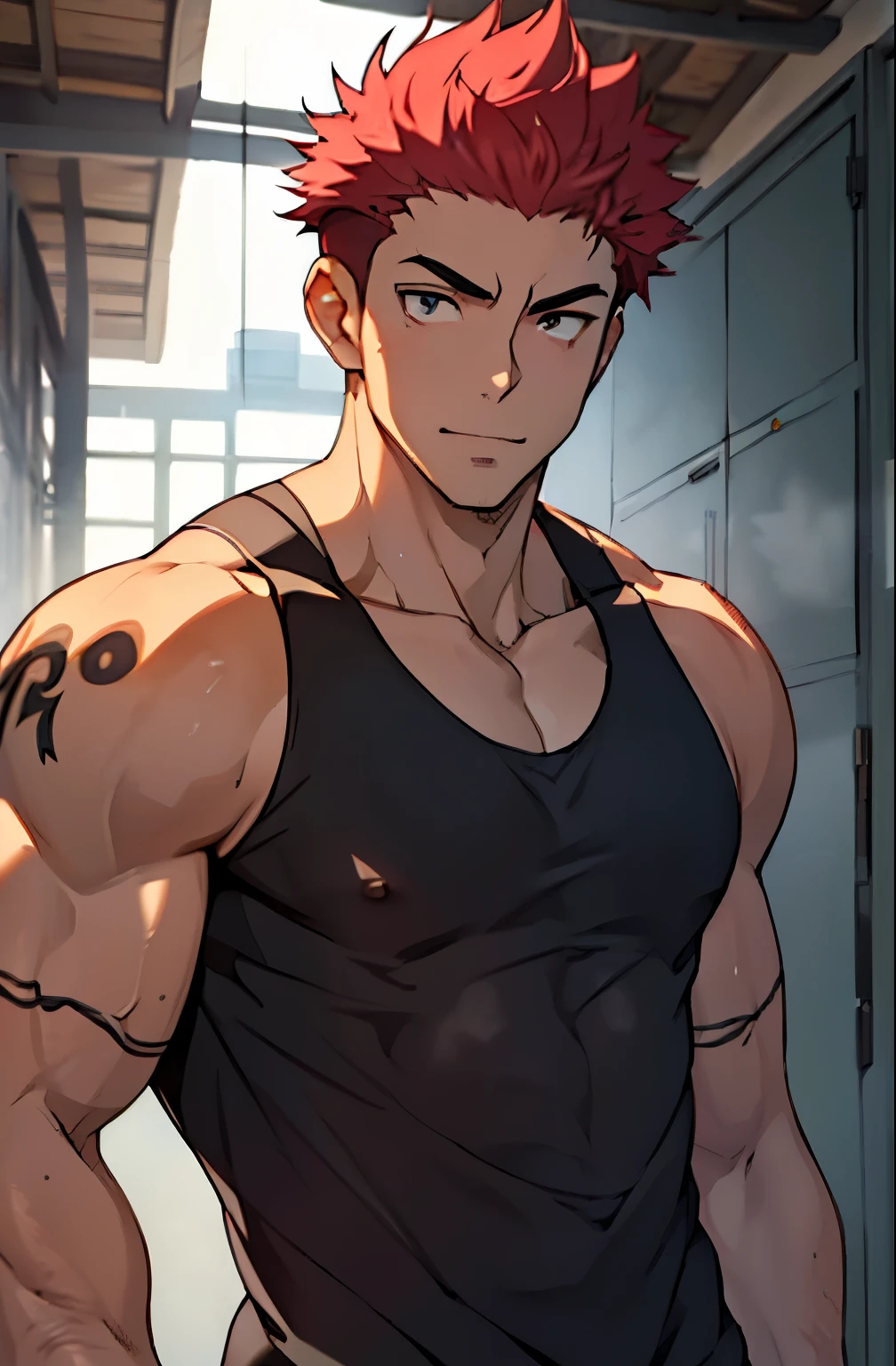 A mais alta qualidade, 8K, image high resolution, Detailed strokes, apoiado dentro da academia , suado, adolecente, Yuji Itadori, Red Hair , wearing a tank top , masculo, chest a little tight in the shirt , (angulo de baixo), (perto da cameitorais definidos, defined arms, abdomen definido, perna definida, com a camisa,