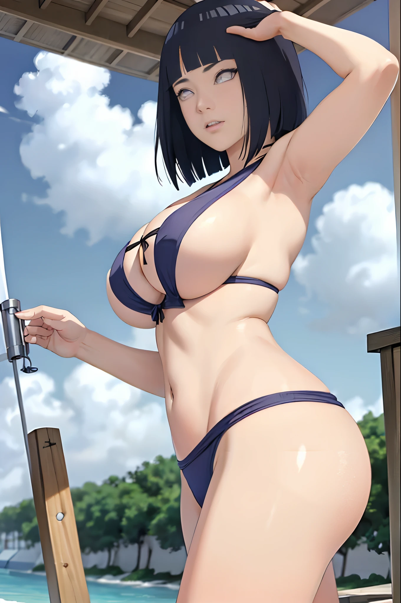 Top quality, masterpiece, from_below, look_at_viewer, look_down, masterpiece, highly detailed 8k CG unit, movie lighting, Miao Qingqing, 1 girl, swimsuit, solo, slot machine, chest, sun, sky, cleavage, clouds, single blade, dark blue hair, casual one-piece swimsuit, white one-piece swimsuit, big, hair over the shoulder, cowboy shot, from below, from the front, looking at the viewer, Chamale, jumping, dynamic poses, turning to the viewer, huge breasts, huge buttocks, curvaceous, thick thighs, hair camel toe, blush, sweat drops, standing, hands covering the chest, beach, sea, sunlight,