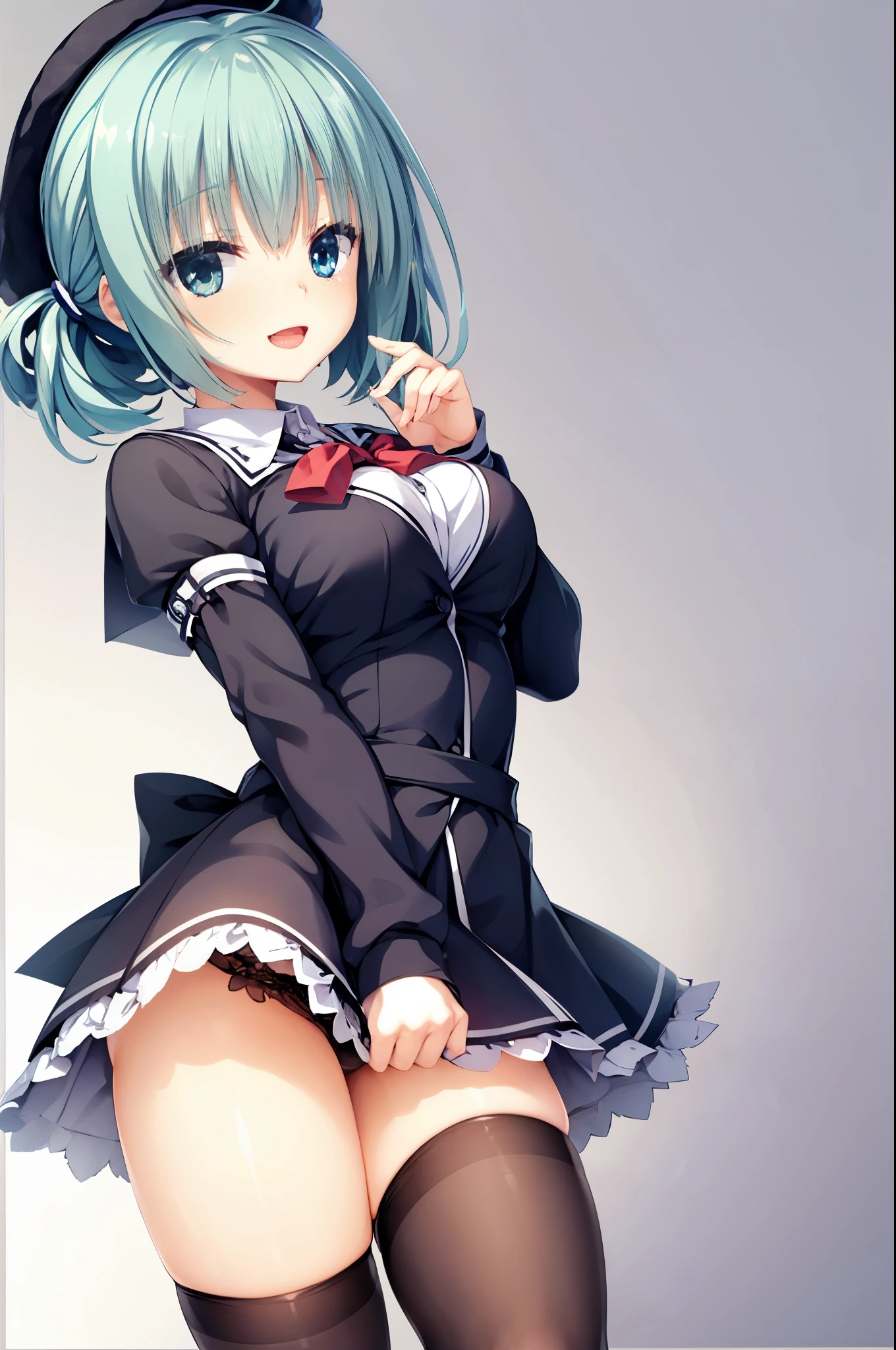 tiny girl,Colossal tits,Whip thighs,Blue-haired,School uniform,Black stockings,Detached sleeves,poneyTail,Fluffy hat,Naughty face,Smile with open mouth,simple background,Top image quality,Best Quality