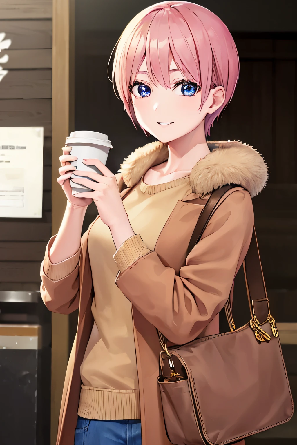 ichikanakano, ichika nakano, Short hair, Bangs, Blue eyes, hair between eye, Pink hair, (Brown sweater:1.3), (denim skirt:1.3), (brown fur coat:1.3), (black shoulder bag:1.3), Best Quality, hight resolution, Unity 8k壁纸, (Beautiful detailed eyes:1.4), extra detailed face, Perfect Lighting, (Perfect hands, Perfect Anatomy), portrait, The best smile, holding a paper cup of coffee
