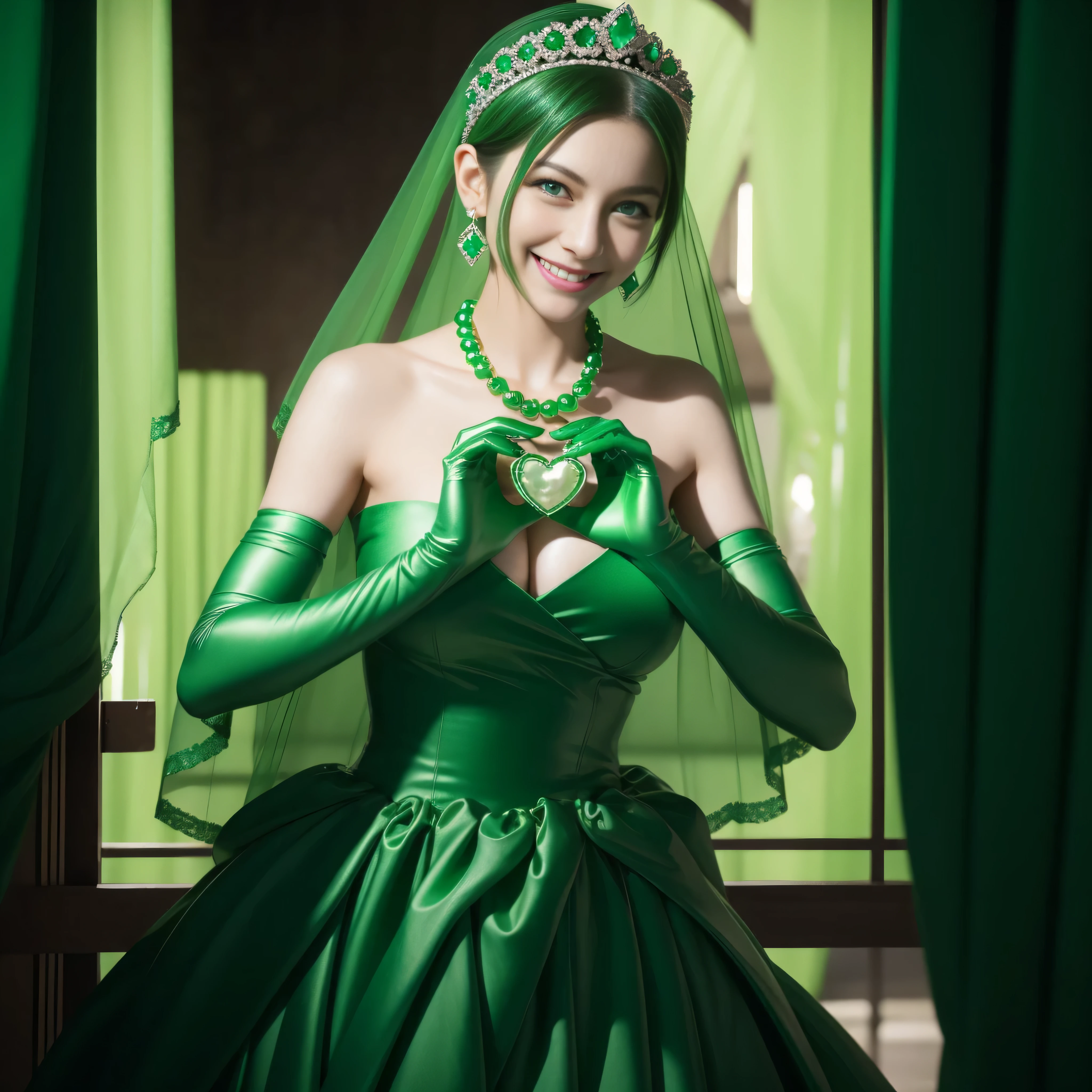 emerald tiara, Green Pearl Necklace, Boyish very short green hair, lipsticks, Japan woman smiling, very short short hair,  big breasts beautiful, Green eyes, Long green gloves made of satin material, Green eyes, Emerald Earrings, green vale, Heart with both hands