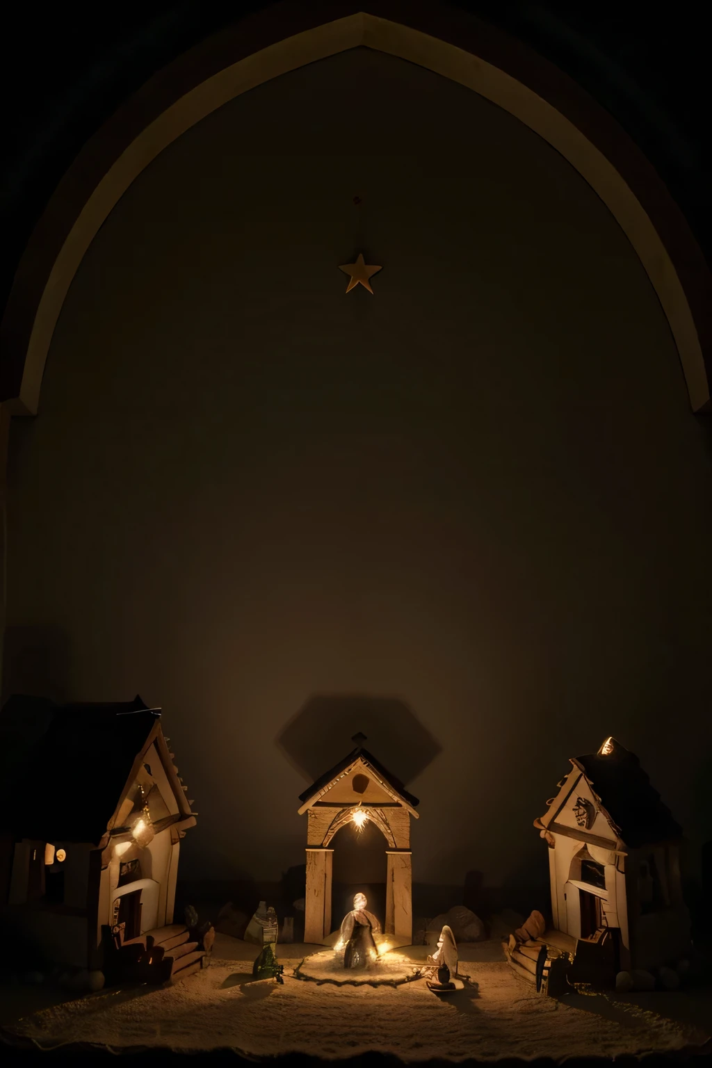 Desenhe uma cena emocionante da Natividade, where the star of Bethlehem shines brightly over a vintage nativity scene. Destaque o Jesus envolvido em pobreza e simplicidade, while your presence radiates a divine light, illuminating the entire scene with an atmosphere of peace and reverence.