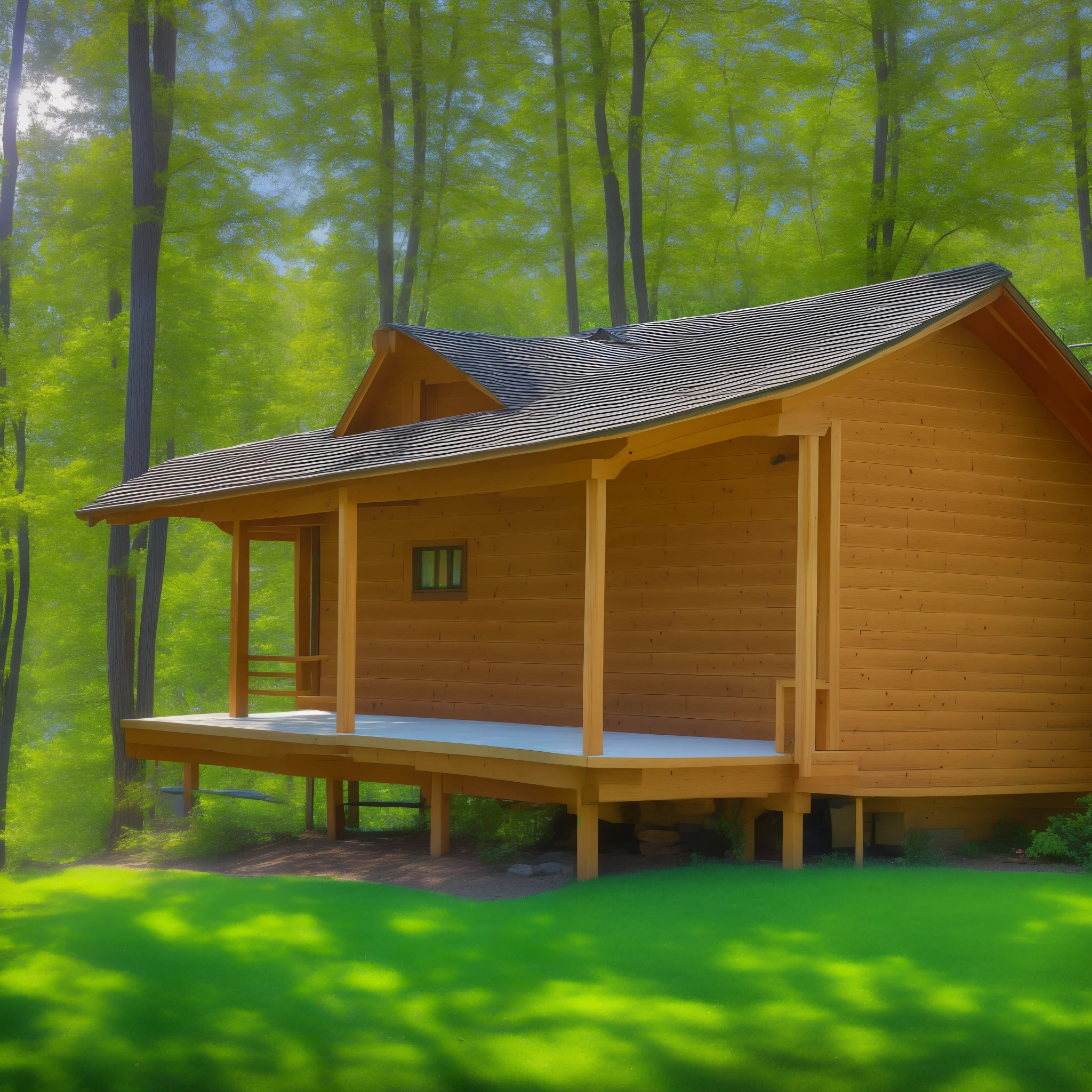 Log cabin, woods, lake side cabin, summer time, Lake,
