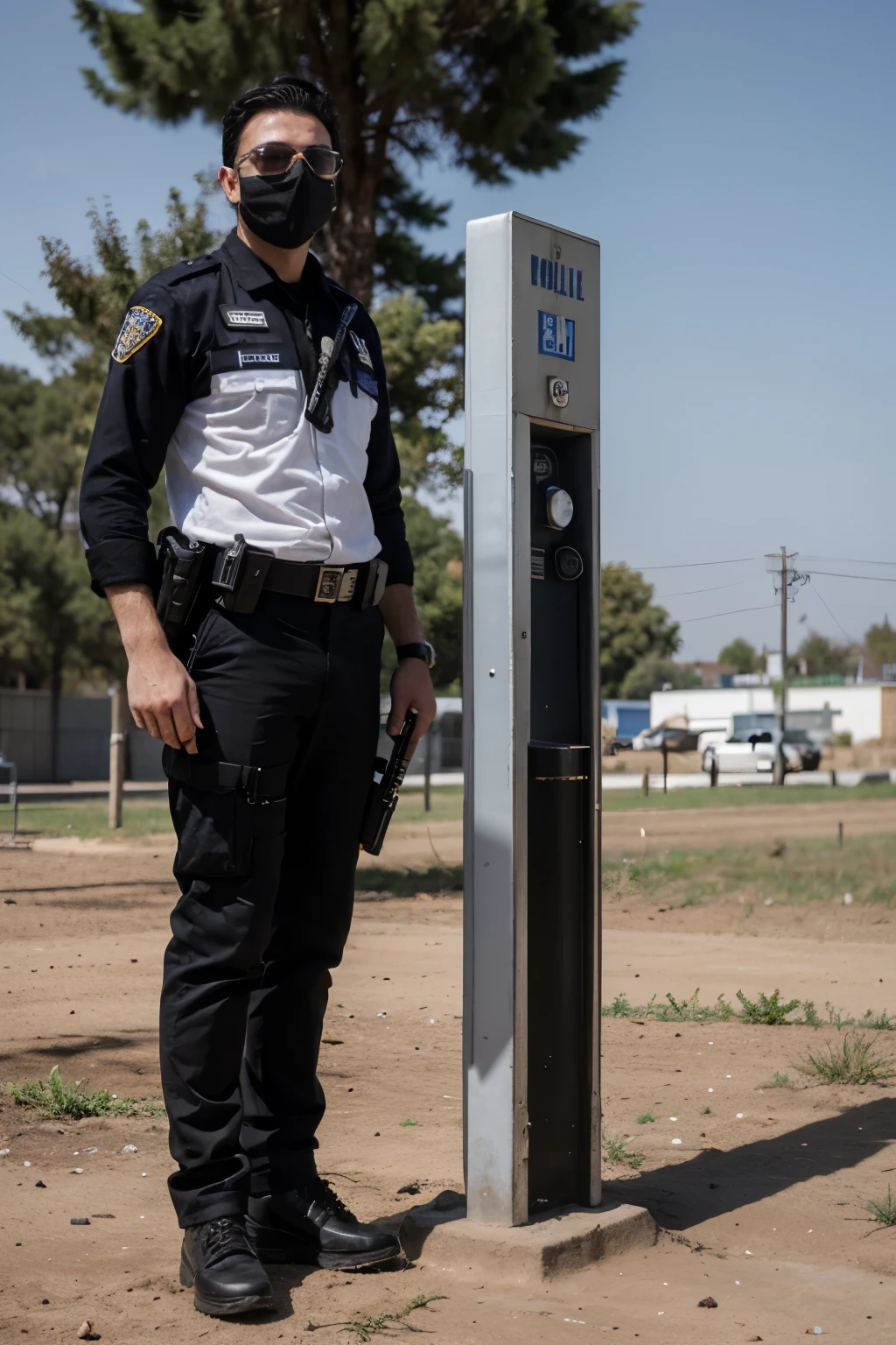 A white Iranian man with black hair, about 21 years old and 190 tall, wearing a black uniform for the police with (pilot glasses and mask) and a Kalashnikov weapon, standing on a dirt hill.