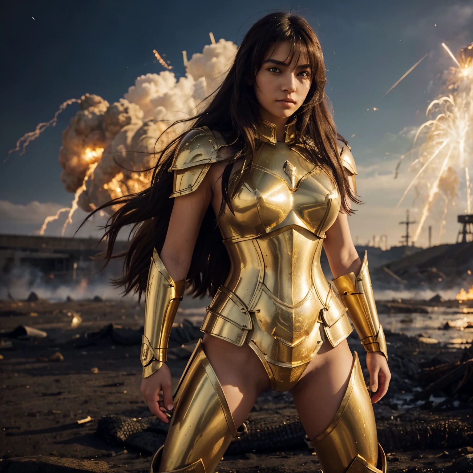 (masterpiece), (best quality), (1girl), girl in golden armor, cool pose, battle field background, fire background, saint seiya armor, messy hair, sword