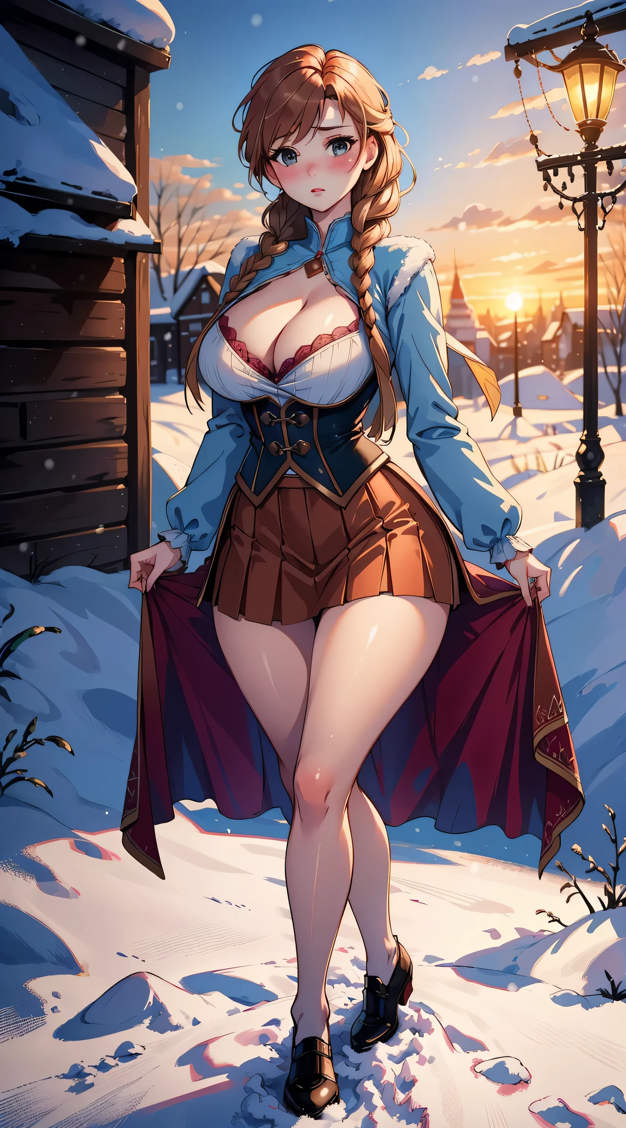 woman, ((Masterpiece, best quality)), full body view, sexy, bursting huge breasts, detailed skin, Anna from Frozen clothes, highly detailed, cinematic lighting, ultra realistic, blush, looking at viewer, anna, anna from frozen, princess, disney, brown hair, long hair, portrait, outdoor, snow, cleavage, large breasts, wide hips, full body view, tall,
skirt, miniskirt, microskirt, pleated skirt, thighs,