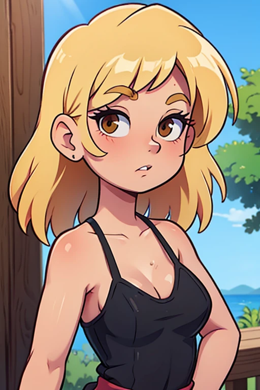 A Beautiful Young Woman with sun dappled skin Dirty Blonde hair and Deep Brown eyes