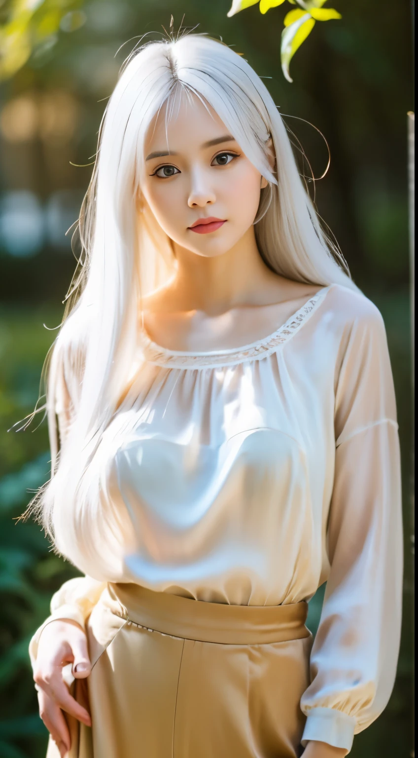 mix4、(8K、Raw photography、top-quality、​masterpiece:1.2)、(nsfw:1.4),(realisitic、Photorealsitic:1.37)、1girl in、A young woman with a delicate and slender face, gentle brown eyes, semi long hair,she seems thoughtful and introverted, her appearance is elegant and sophisticated,beautiful white hair color、White silk blouse、pencil skirts、