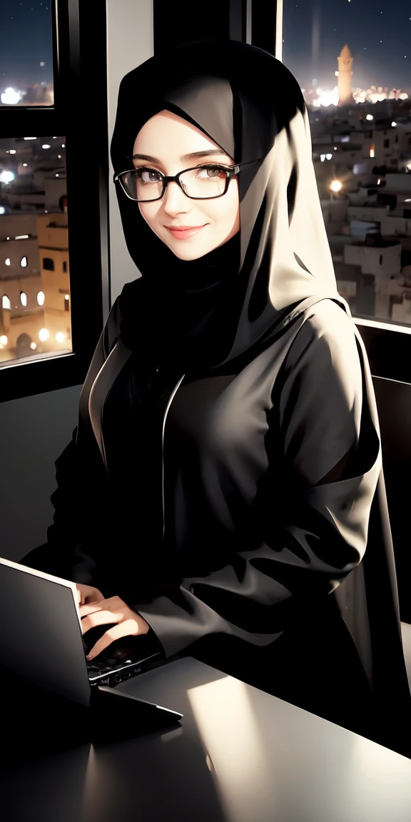 A veiled graphic designer, wearing a black abaya and a beige veil. She wears glasses and smiles lightly. Her skin color is white. Her eyes are wide. She has a computer in front of her on a desk. The window of her room is large and overlooks a night view of Marrakesh, Morocco.