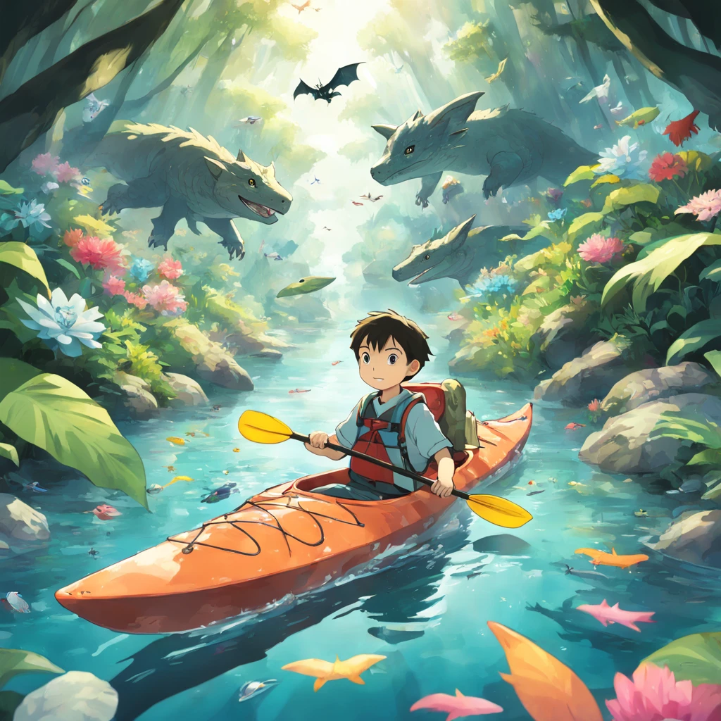 front view shot ,8k, hi res ,image , studio Ghibli style ,manga ,anime , spectacular, masterpiece scene , a young boy kayaking in river crystal clear water ,crocodiles ,colored fishes ,inside a jungle ,falcon ,bats ,insects, big flowers , firefly's.