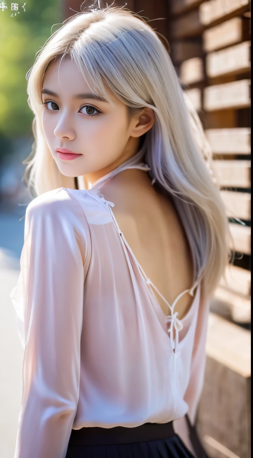 mix4、(8K、Raw photography、top-quality、masterpiece:1.2)、(nsfw:1.4),(realisitic、Photorealsitic:1.37)、1girl in、A young woman with a delicate and slender face, gentle brown eyes, semi long hair,she seems thoughtful and introverted, her appearance is elegant and sophisticated,beautiful white hair color、White silk blouse、pencil skirts、