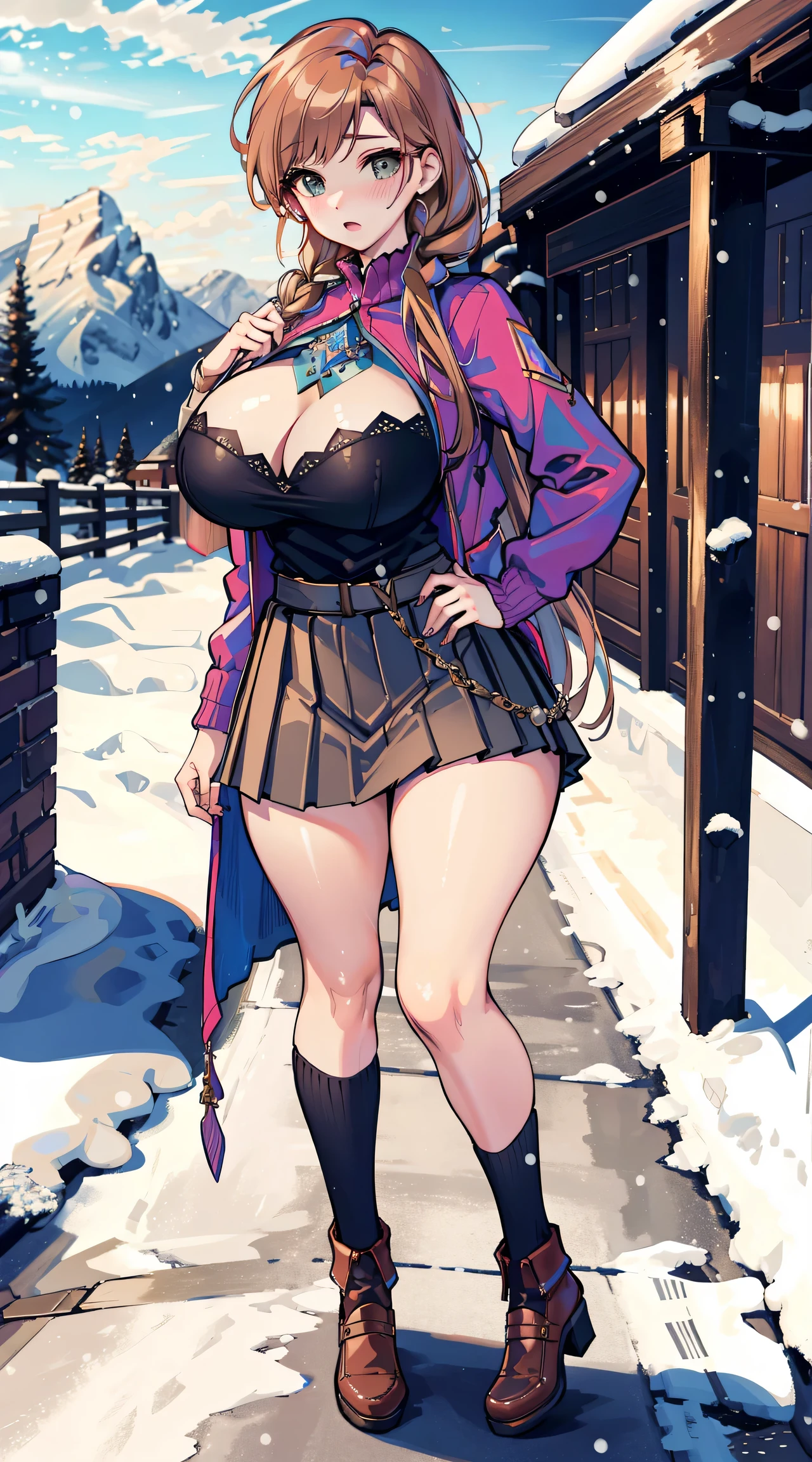 woman, ((Masterpiece, best quality)), full body view, sexy, bursting huge breasts, detailed skin, Anna from Frozen clothes, highly detailed, cinematic lighting, ultra realistic, blush, looking at viewer, anna, anna from frozen, princess, disney, brown hair, long hair, portrait, outdoor, snow, cleavage, large breasts, wide hips, full body view, tall,
skirt, miniskirt, microskirt, pleated skirt, thighs,