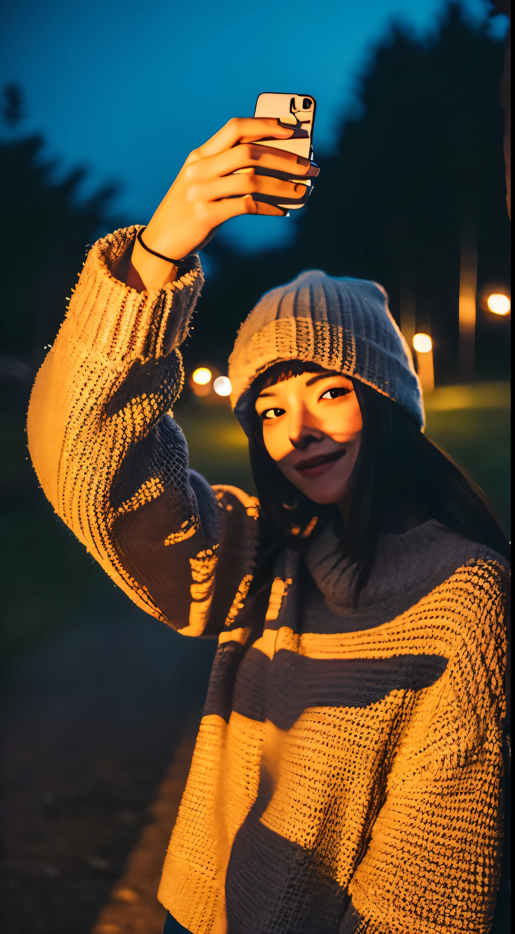 VeronicaCipher ((Upper body selfie, )), masutepiece, of the highest quality, Ultra Detail, Solo, Outdoors, (Night), mont, Nature, (Star, Moon) Cheerful, Sweaters, hat, flash lights, Rock, River, Shadow, Contrasty, crystal clear skies, analog style (look at viewr:1.2) (Skin Texture) (Film grain: 1.3), (Warm shades, Warm tones): 1.2), Cinematic Light, side lights, Ultra High Resolution, Best Shadow, raw, wearing pullover, kodak vision 3,