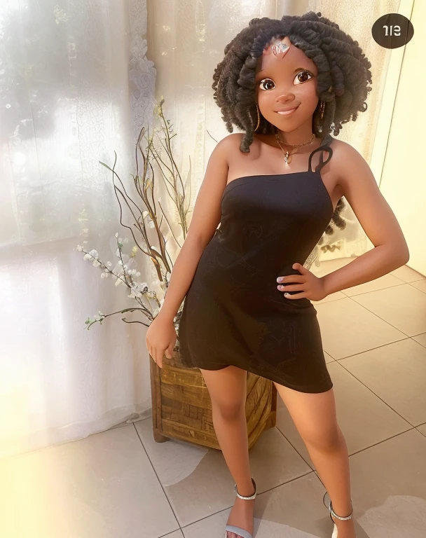 Uma jovem negra, cabelo cacheado marrom estilo afro dividido ao meio, olhos castanhos, brincos nas orelhas, vestido preto, she is at a wedding party