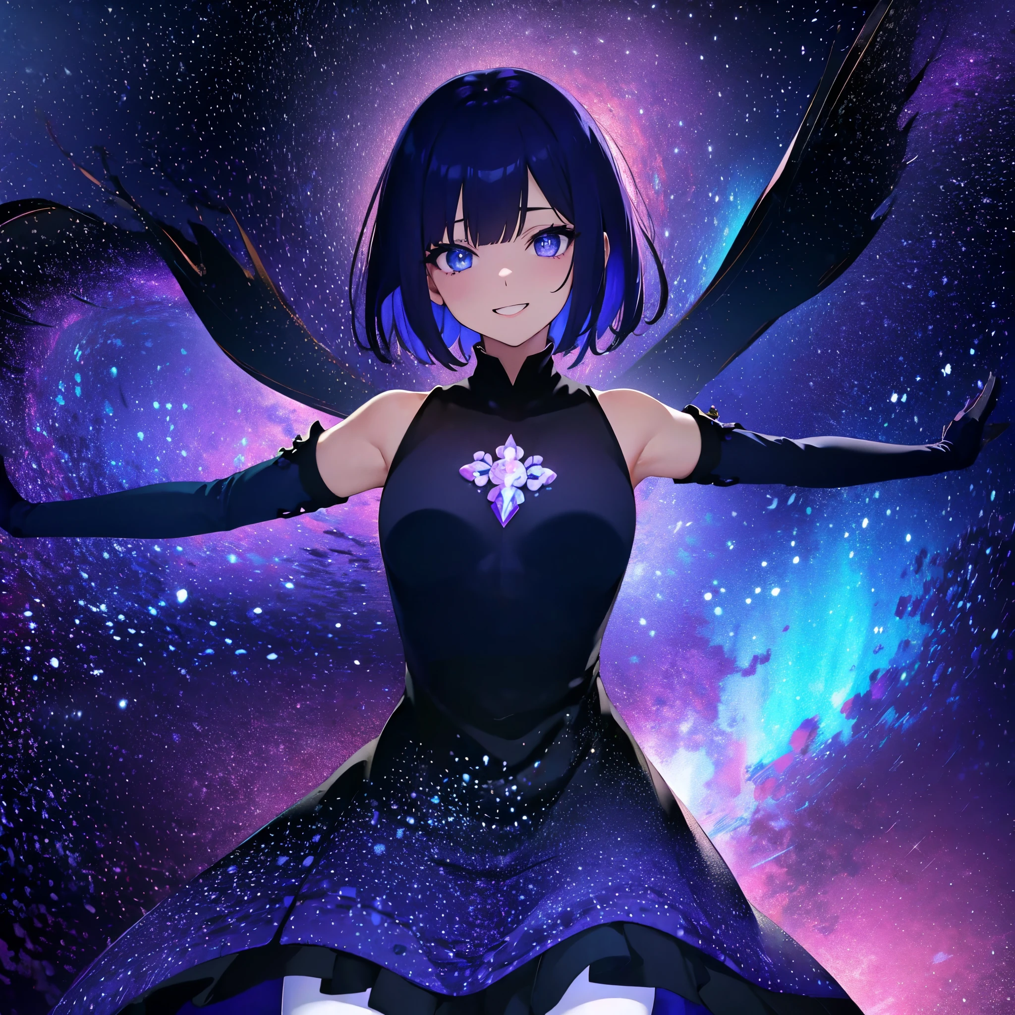 (masutepiece:1.3), (Best Quality:1.3), High resolution, Couboy Shot, I'm on the street with my arms outstretched and a big smile on my face.、Spread your arms、Hair color is purple、Short hair、Blue Mesh、blacklight、Vivid sea、Clear、Iridescent Sea、huge smile、Spectacular background、 Eyes are purple, Miraculous Eye、Beautiful detailed eyes, ultradetailed eyes、Glitter eyes,Put the most effort into the brilliance of your eyes、, (One Cute Girl:1.3), , Hair over one eye, Small breasts, Dress, Detached sleeves, Dress like a wacky fashion model、White pantyhose、Wearing a rainbow-colored aura from the whole body、purpleish color, Outdoors, Purple background, Shadow lighting,perfectbody