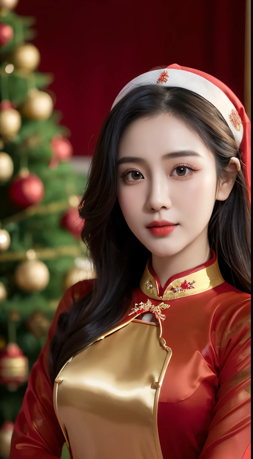 (Beautiful Vietnamese Woman),(Red Ao Dai:1.5),(Santa Claus hat),Christmas tree,Christmas atmosphere black hair, Surrealism, 8k, super detail, UHD, masterpiece, ccurate, textured skin, super detail, high details, high quality, best quality