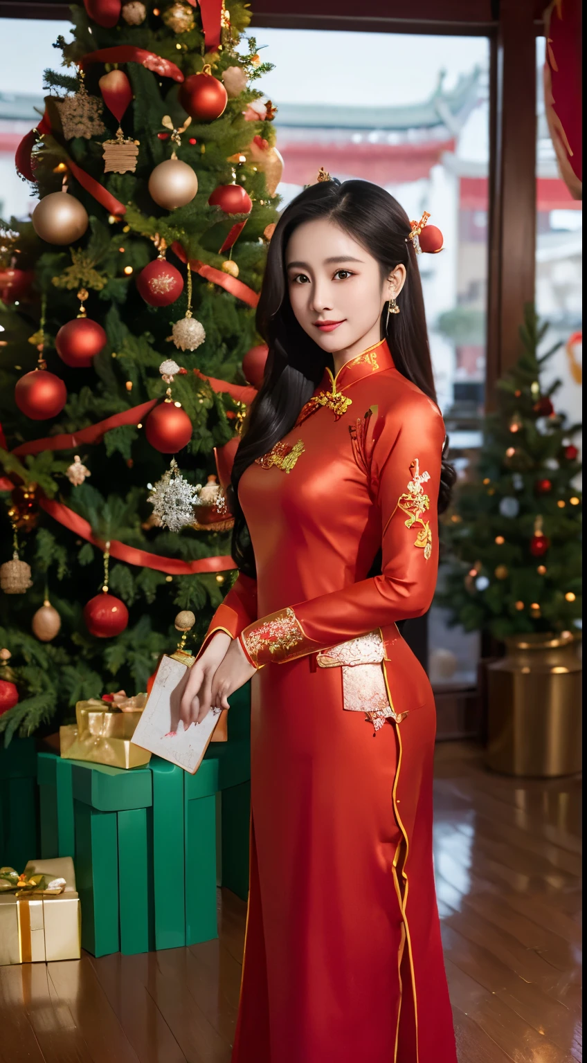 (Beautiful Vietnamese Woman)，(Red Ao Dai:1.5)，(Santa Claus hat)，Christmas tree，Christmas atmosphere black hair, Surrealism, 8k, super detail, UHD, masterpiece, ccurate, textured skin, super detail, high details, high quality, best quality