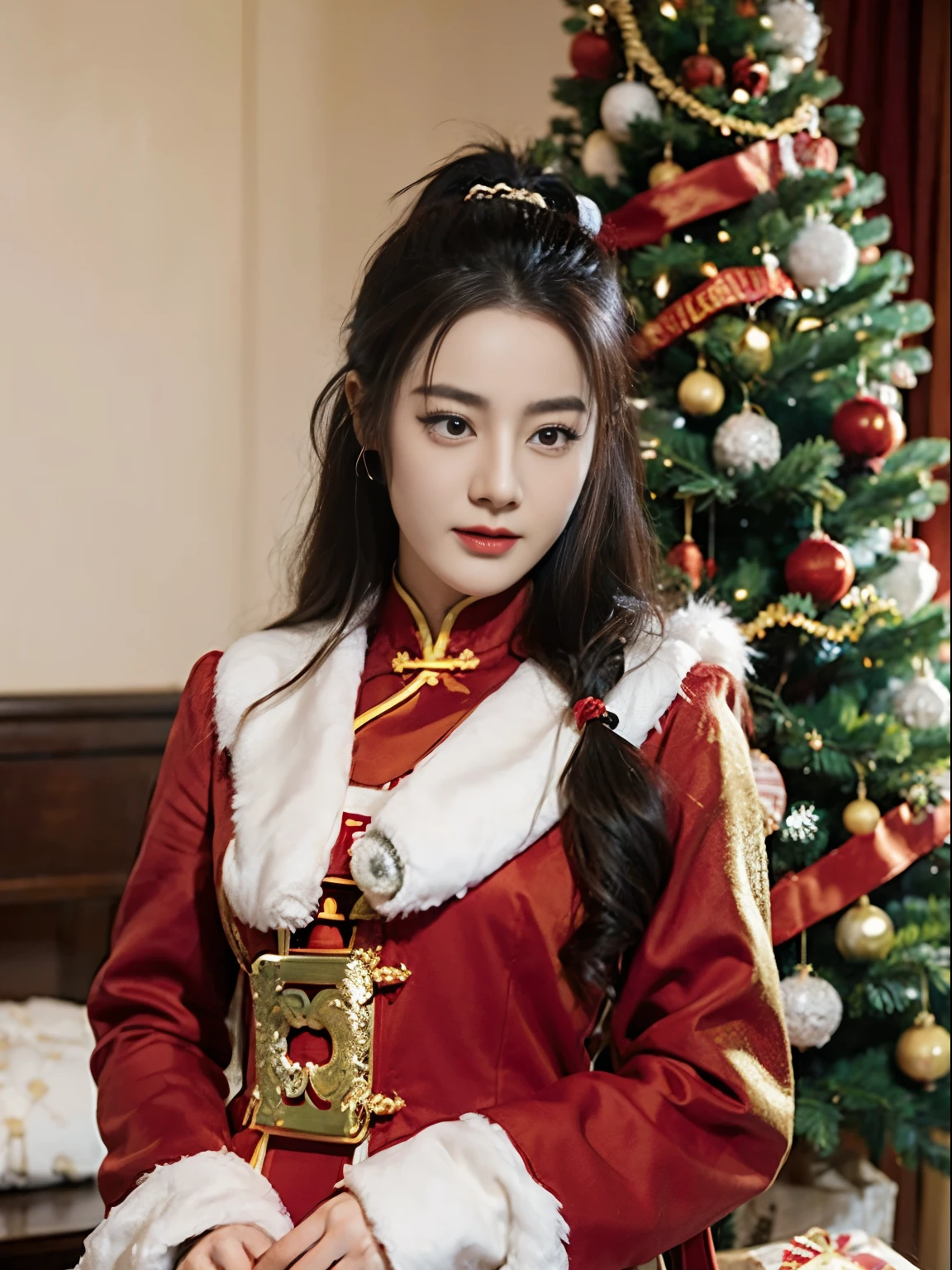 ((Beautiful Chinese Woman))，Asian Women，(Red Santa Claus costume：1.5)，Christmas tree，Christmas atmosphere，Black hair，Photorealsitic，surrealism, F/1.2, 35 mm, Fuji Film, 8K, Super Detail, nffsw, masutepiece, ccurate, Anatomically correct, Textured skin, Super Detail, high details, High quality, Best Quality, hight resolution